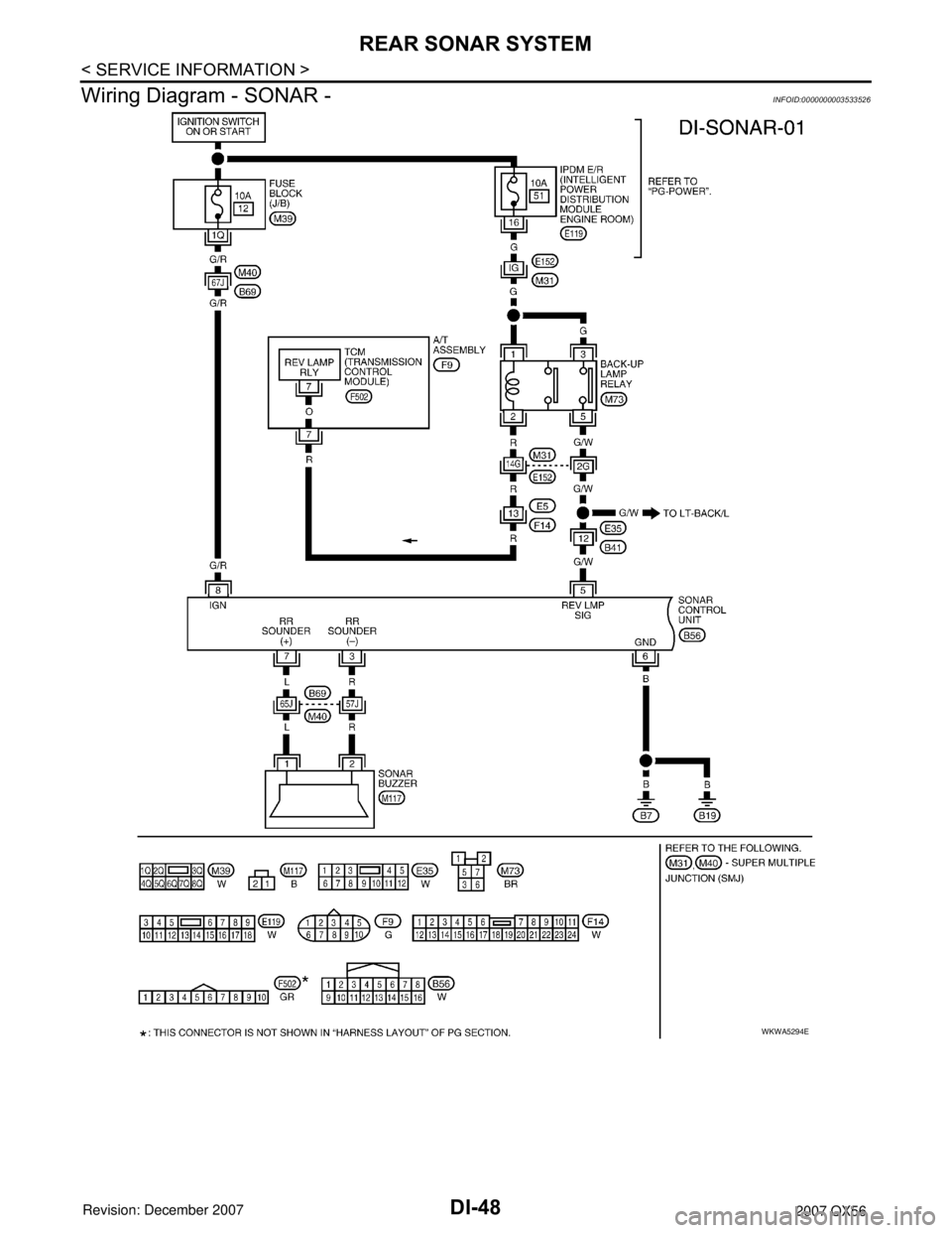 INFINITI QX56 2007  Factory Service Manual DI-48
< SERVICE INFORMATION >
REAR SONAR SYSTEM
Wiring Diagram - SONAR -
INFOID:0000000003533526
WKWA5294E 