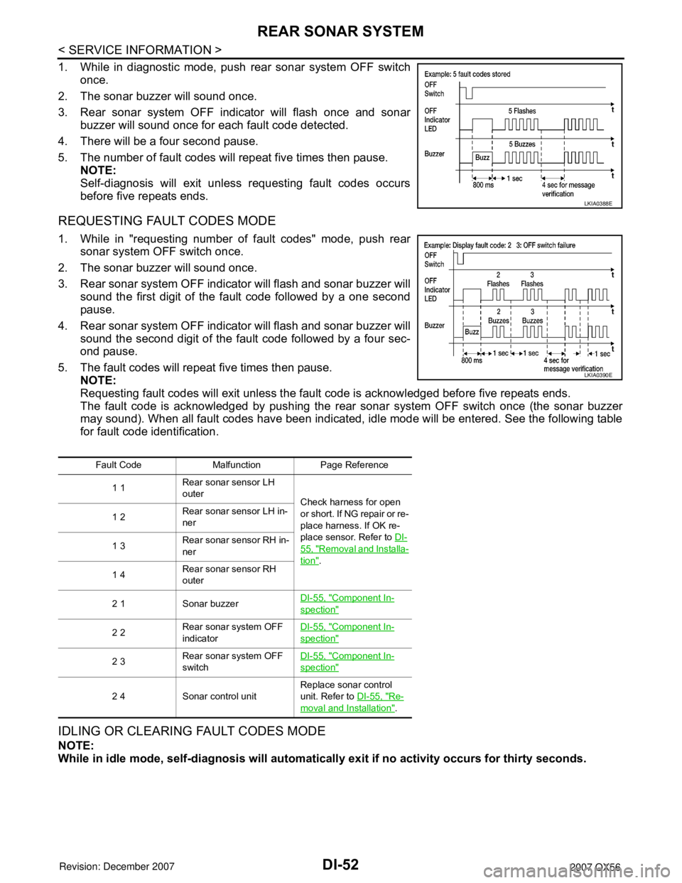 INFINITI QX56 2007 Factory Service Manual DI-52
< SERVICE INFORMATION >
REAR SONAR SYSTEM
1. While in diagnostic mode, push rear sonar system OFF switch
once.
2. The sonar buzzer will sound once.
3. Rear sonar system OFF indicator will flash INFINITI QX56 2007 Factory Service Manual DI-52
< SERVICE INFORMATION >
REAR SONAR SYSTEM
1. While in diagnostic mode, push rear sonar system OFF switch
once.
2. The sonar buzzer will sound once.
3. Rear sonar system OFF indicator will flash