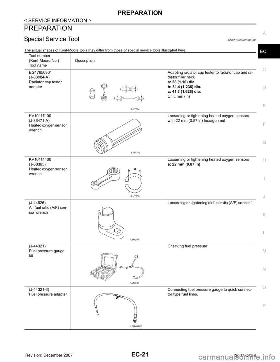 INFINITI QX56 2007 Factory Service Manual PREPARATION
EC-21
< SERVICE INFORMATION >
C
D
E
F
G
H
I
J
K
L
MA
EC
N
P O
PREPARATION
Special Service ToolINFOID:0000000003531583
The actual shapes of Kent-Moore tools may differ from those of special INFINITI QX56 2007 Factory Service Manual PREPARATION
EC-21
< SERVICE INFORMATION >
C
D
E
F
G
H
I
J
K
L
MA
EC
N
P O
PREPARATION
Special Service ToolINFOID:0000000003531583
The actual shapes of Kent-Moore tools may differ from those of special