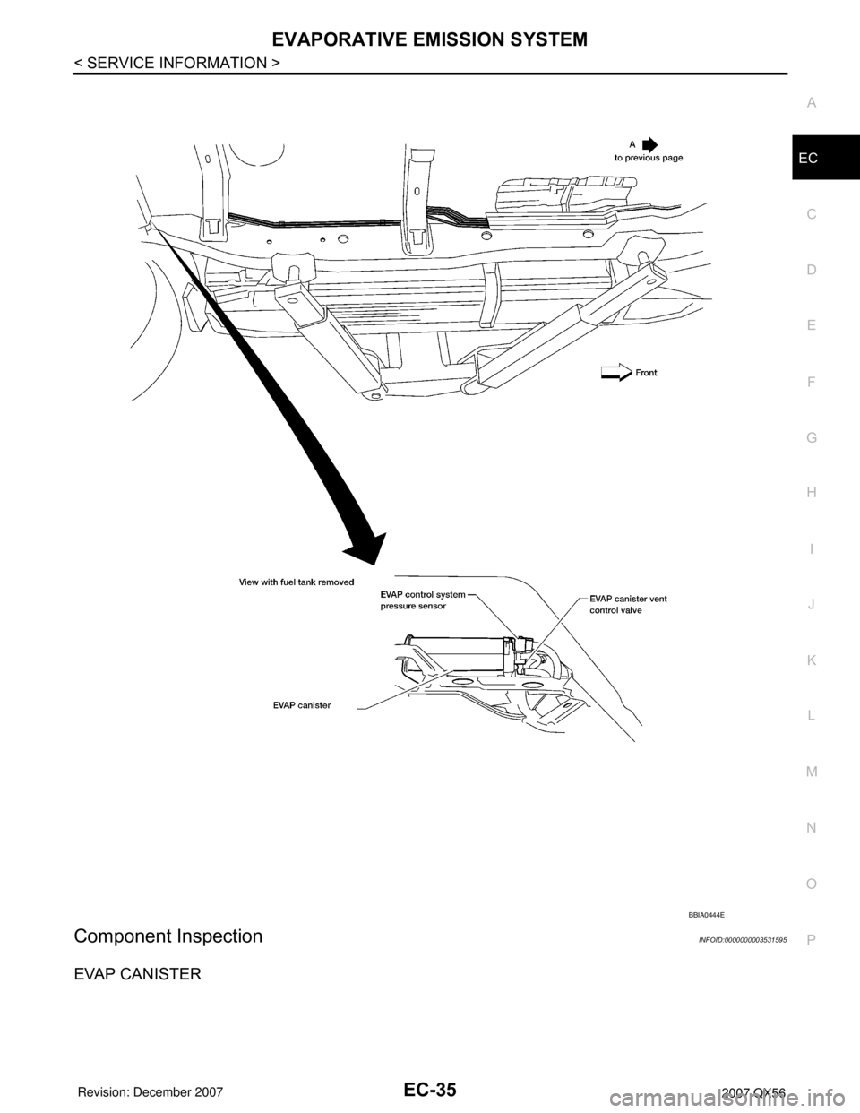 INFINITI QX56 2007  Factory Service Manual EVAPORATIVE EMISSION SYSTEM
EC-35
< SERVICE INFORMATION >
C
D
E
F
G
H
I
J
K
L
MA
EC
N
P O
Component InspectionINFOID:0000000003531595
EVAP CANISTER
BBIA0444E 