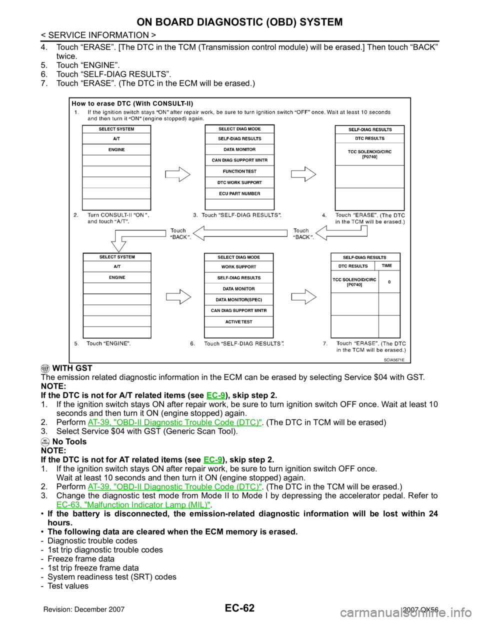 INFINITI QX56 2007  Factory Service Manual EC-62
< SERVICE INFORMATION >
ON BOARD DIAGNOSTIC (OBD) SYSTEM
4. Touch “ERASE”. [The DTC in the TCM (Transmission control module) will be erased.] Then touch “BACK”
twice.
5. Touch “ENGINE
