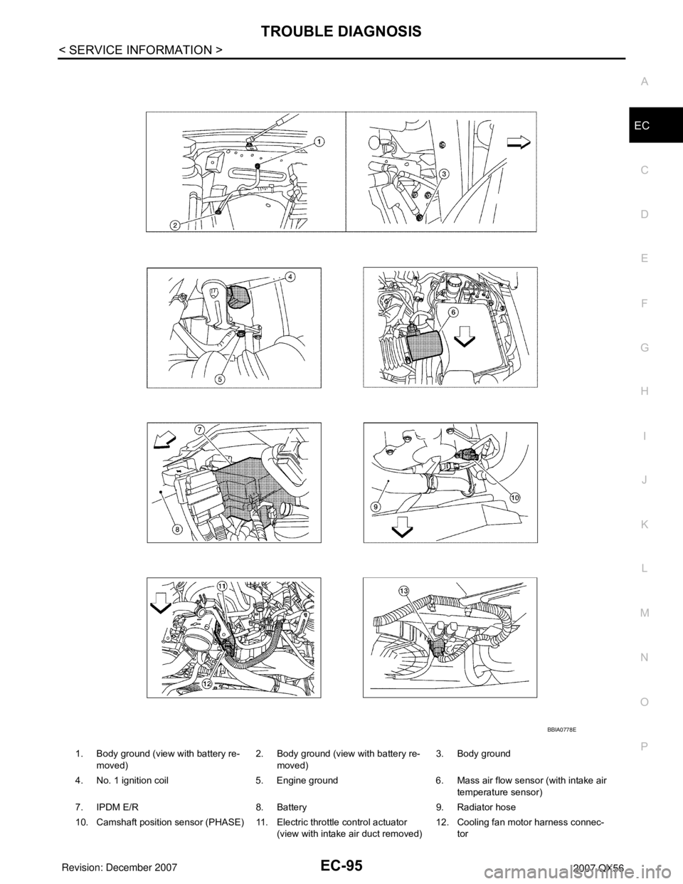 INFINITI QX56 2007  Factory Service Manual TROUBLE DIAGNOSIS
EC-95
< SERVICE INFORMATION >
C
D
E
F
G
H
I
J
K
L
MA
EC
N
P O
1. Body ground (view with battery re-
moved)2. Body ground (view with battery re-
moved)3. Body ground
4. No. 1 ignition