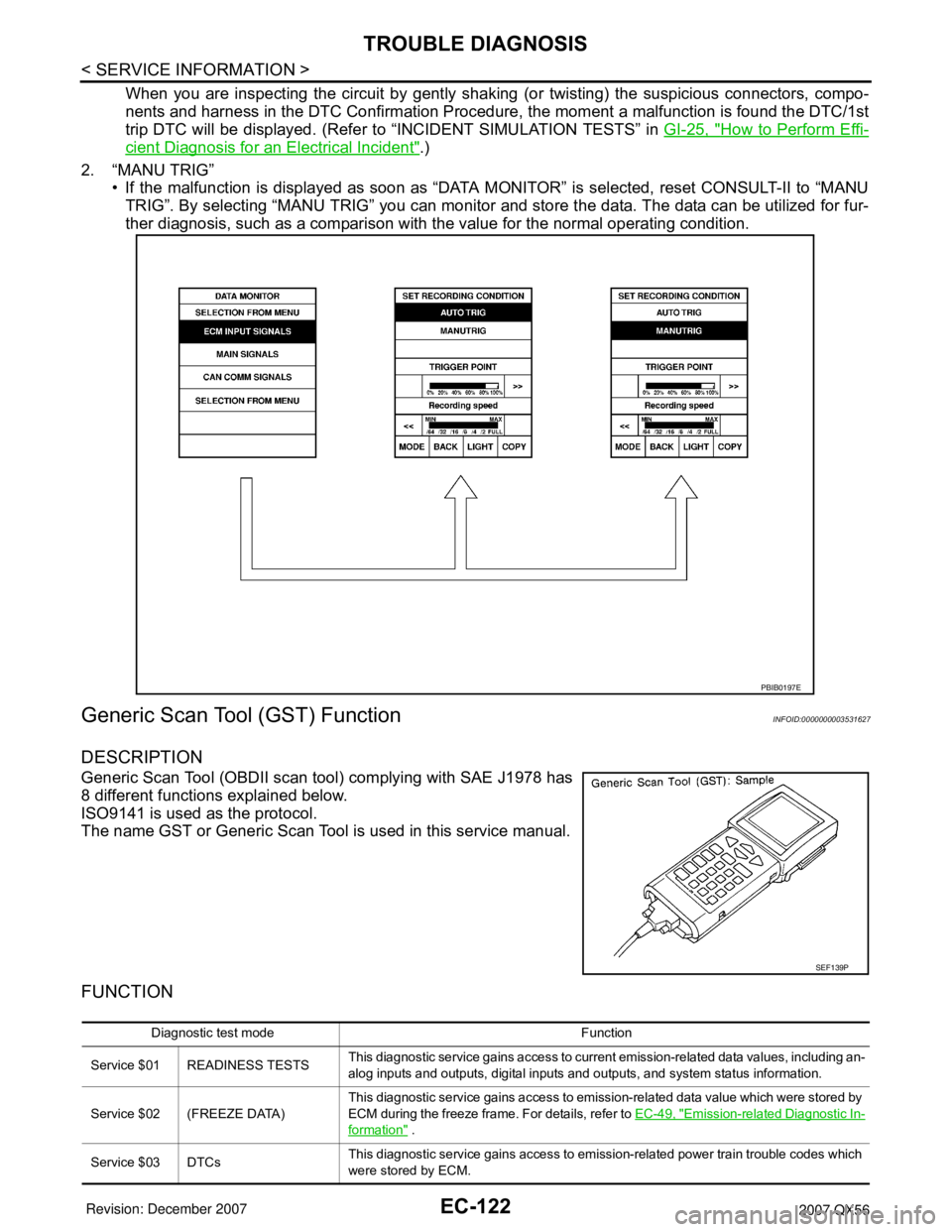 INFINITI QX56 2007 Factory Service Manual EC-122
< SERVICE INFORMATION >
TROUBLE DIAGNOSIS
When you are inspecting the circuit by gently shaking (or twisting) the suspicious connectors, compo-
nents and harness in the DTC Confirmation Procedu INFINITI QX56 2007 Factory Service Manual EC-122
< SERVICE INFORMATION >
TROUBLE DIAGNOSIS
When you are inspecting the circuit by gently shaking (or twisting) the suspicious connectors, compo-
nents and harness in the DTC Confirmation Procedu