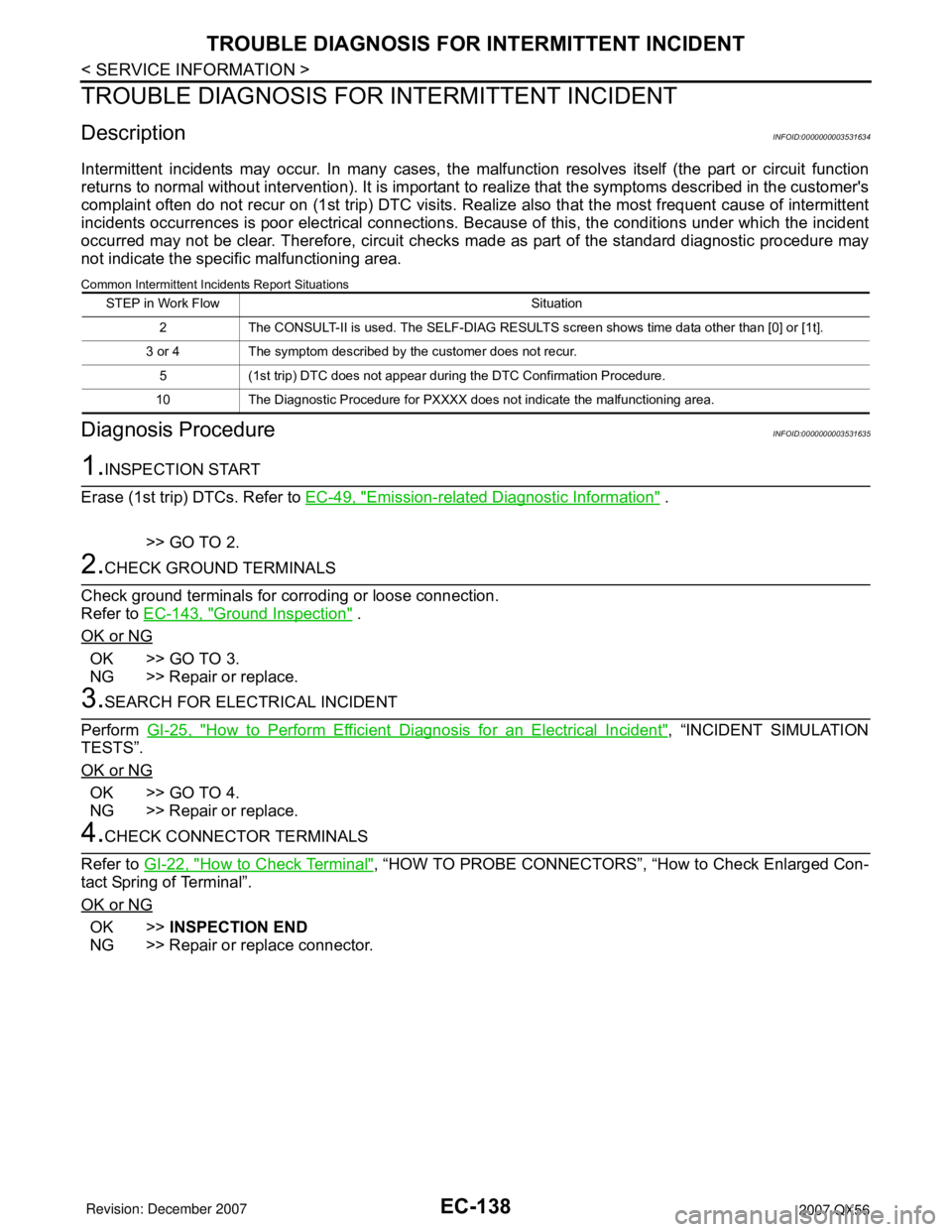 INFINITI QX56 2007  Factory Service Manual EC-138
< SERVICE INFORMATION >
TROUBLE DIAGNOSIS FOR INTERMITTENT INCIDENT
TROUBLE DIAGNOSIS FOR INTERMITTENT INCIDENT
DescriptionINFOID:0000000003531634
Intermittent incidents may occur. In many case