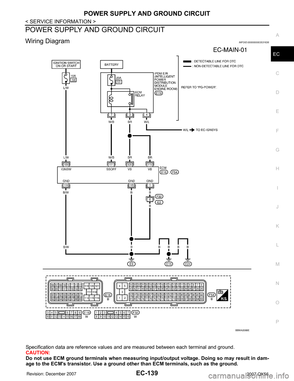 INFINITI QX56 2007  Factory Service Manual POWER SUPPLY AND GROUND CIRCUIT
EC-139
< SERVICE INFORMATION >
C
D
E
F
G
H
I
J
K
L
MA
EC
N
P O
POWER SUPPLY AND GROUND CIRCUIT
Wiring DiagramINFOID:0000000003531636
Specification data are reference va