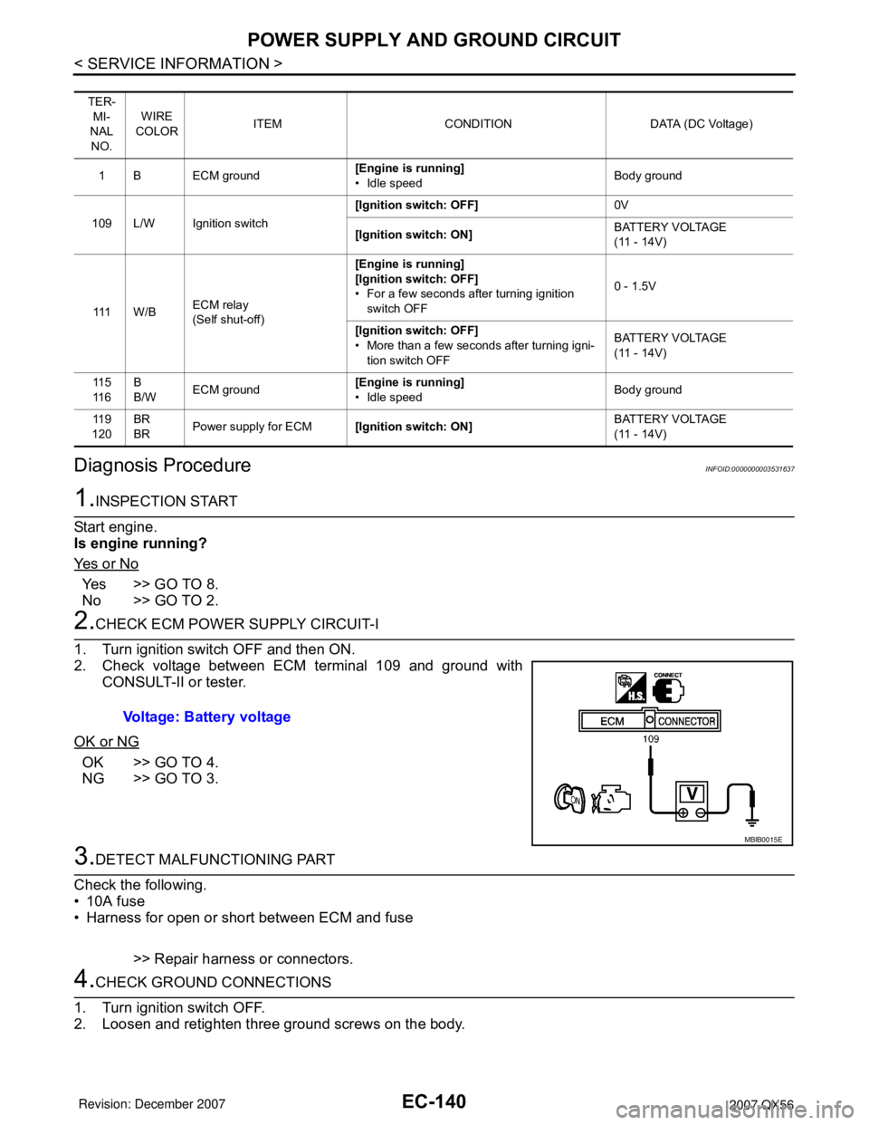 INFINITI QX56 2007  Factory Service Manual EC-140
< SERVICE INFORMATION >
POWER SUPPLY AND GROUND CIRCUIT
Diagnosis Procedure
INFOID:0000000003531637
1.INSPECTION START
Start engine.
Is engine running?
Ye s  o r  N o
Ye s > > G O  T O  8 .
No 