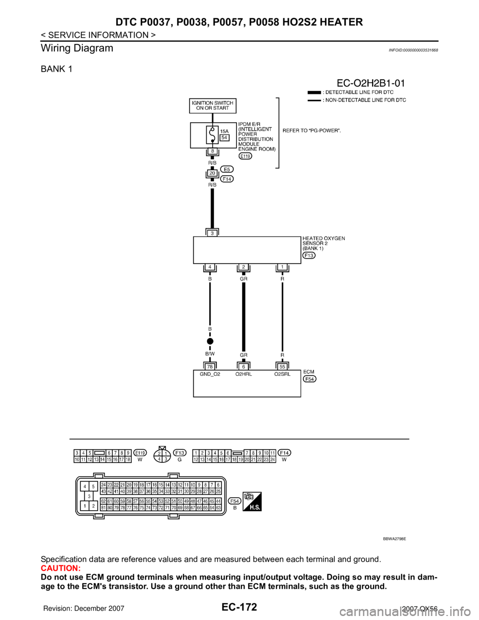 INFINITI QX56 2007  Factory Service Manual EC-172
< SERVICE INFORMATION >
DTC P0037, P0038, P0057, P0058 HO2S2 HEATER
Wiring Diagram
INFOID:0000000003531668
BANK 1
Specification data are reference values and are measured between each terminal 