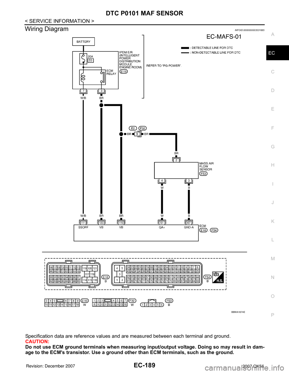INFINITI QX56 2007  Factory Service Manual DTC P0101 MAF SENSOR
EC-189
< SERVICE INFORMATION >
C
D
E
F
G
H
I
J
K
L
MA
EC
N
P O
Wiring DiagramINFOID:0000000003531685
Specification data are reference values and are measured between each terminal