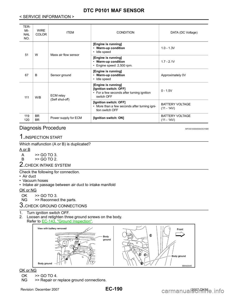 INFINITI QX56 2007  Factory Service Manual EC-190
< SERVICE INFORMATION >
DTC P0101 MAF SENSOR
Diagnosis Procedure
INFOID:0000000003531686
1.INSPECTION START
Which malfunction (A or B) is duplicated?
A or B
A>>GO TO 3.
B>>GO TO 2.
2.CHECK INTA