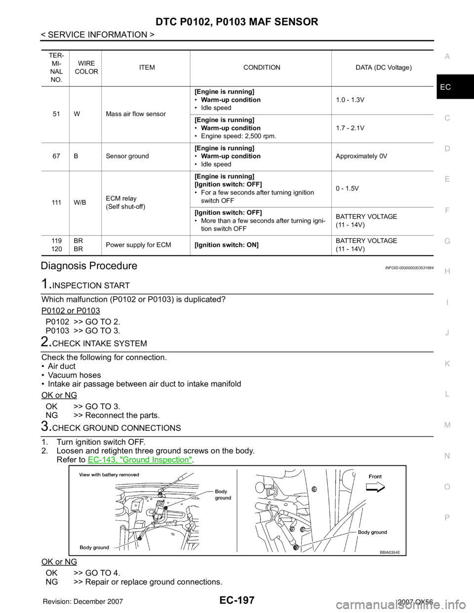 INFINITI QX56 2007  Factory Service Manual DTC P0102, P0103 MAF SENSOR
EC-197
< SERVICE INFORMATION >
C
D
E
F
G
H
I
J
K
L
MA
EC
N
P O
Diagnosis ProcedureINFOID:0000000003531694
1.INSPECTION START
Which malfunction (P0102 or P0103) is duplicate