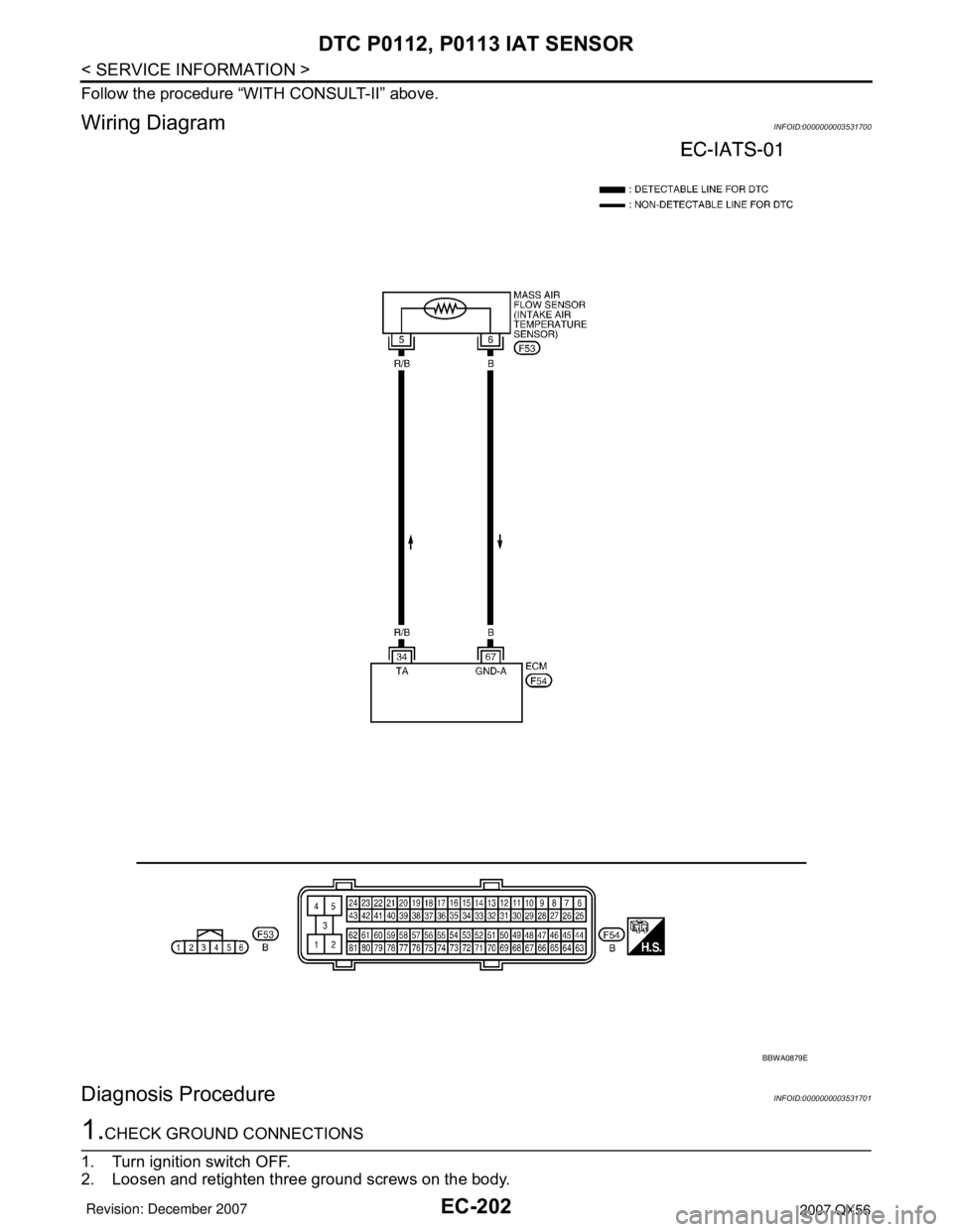 INFINITI QX56 2007  Factory Service Manual EC-202
< SERVICE INFORMATION >
DTC P0112, P0113 IAT SENSOR
Follow the procedure “WITH CONSULT-II” above.
Wiring DiagramINFOID:0000000003531700
Diagnosis ProcedureINFOID:0000000003531701
1.CHECK GR