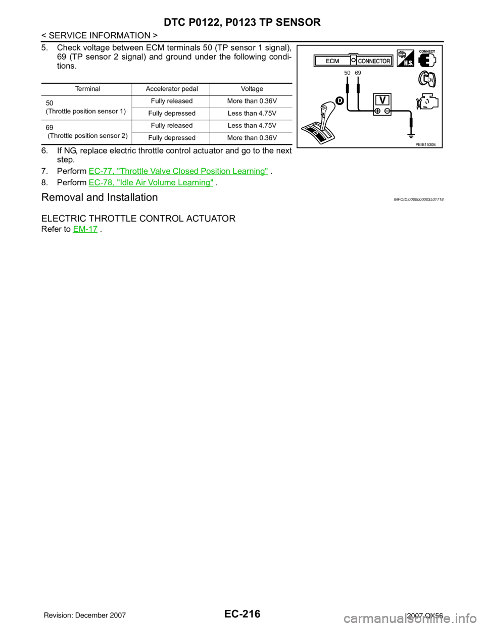 INFINITI QX56 2007  Factory Service Manual EC-216
< SERVICE INFORMATION >
DTC P0122, P0123 TP SENSOR
5. Check voltage between ECM terminals 50 (TP sensor 1 signal),
69 (TP sensor 2 signal) and ground under the following condi-
tions.
6. If NG,