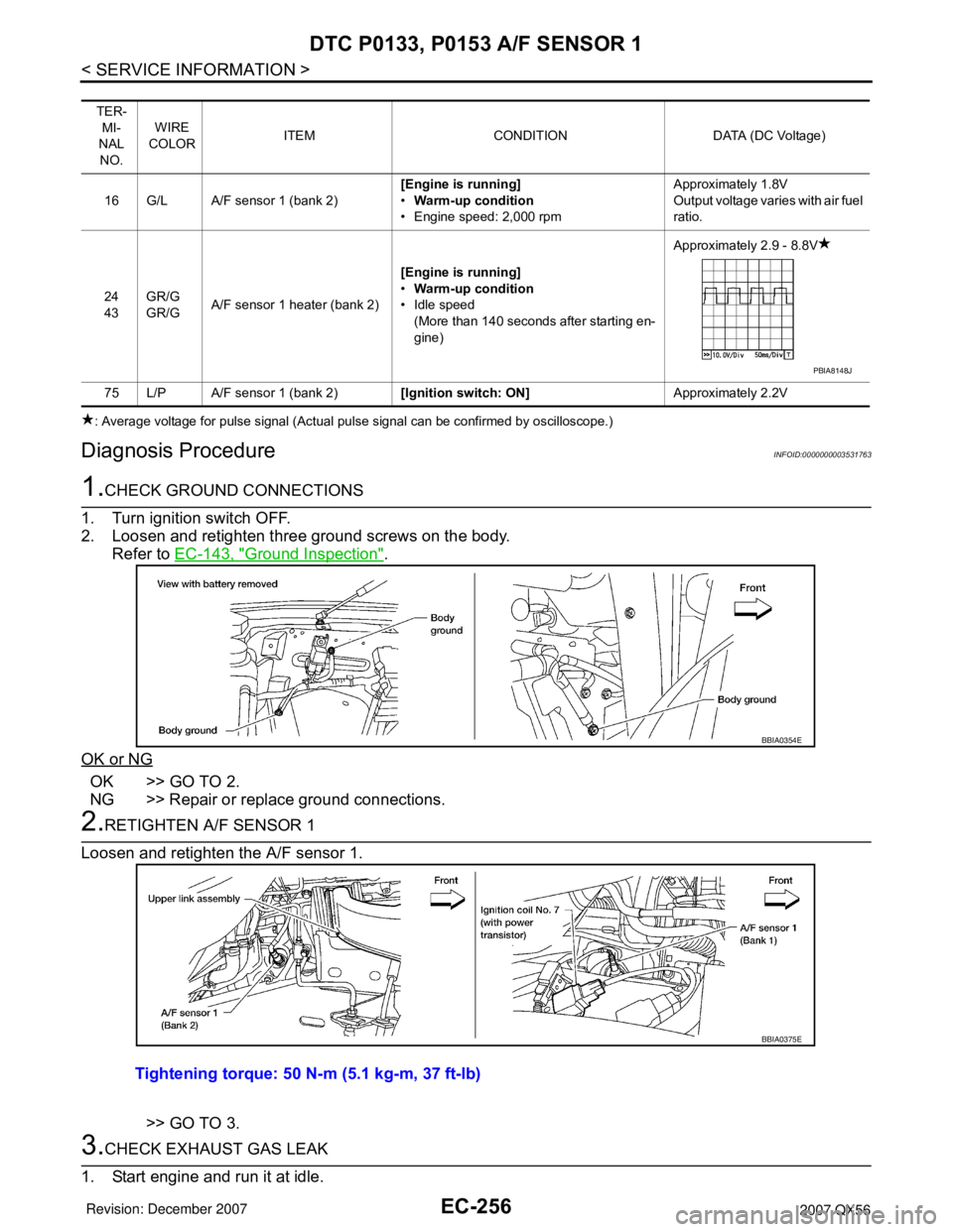 INFINITI QX56 2007  Factory Service Manual EC-256
< SERVICE INFORMATION >
DTC P0133, P0153 A/F SENSOR 1
: Average voltage for pulse signal (Actual pulse signal can be confirmed by oscilloscope.)
Diagnosis ProcedureINFOID:0000000003531763
1.CHE