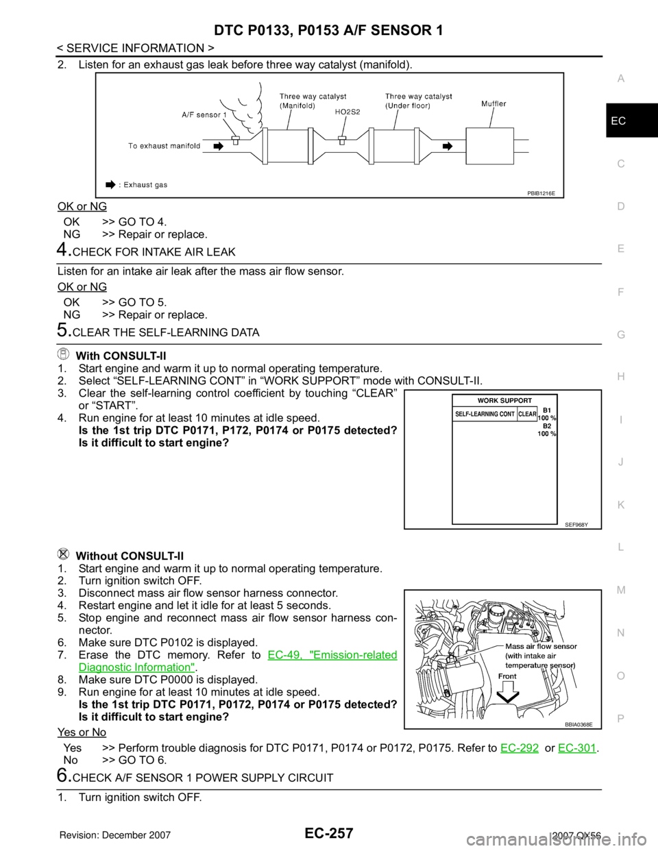 INFINITI QX56 2007  Factory Service Manual DTC P0133, P0153 A/F SENSOR 1
EC-257
< SERVICE INFORMATION >
C
D
E
F
G
H
I
J
K
L
MA
EC
N
P O
2. Listen for an exhaust gas leak before three way catalyst (manifold).
OK or NG
OK >> GO TO 4.
NG >> Repai