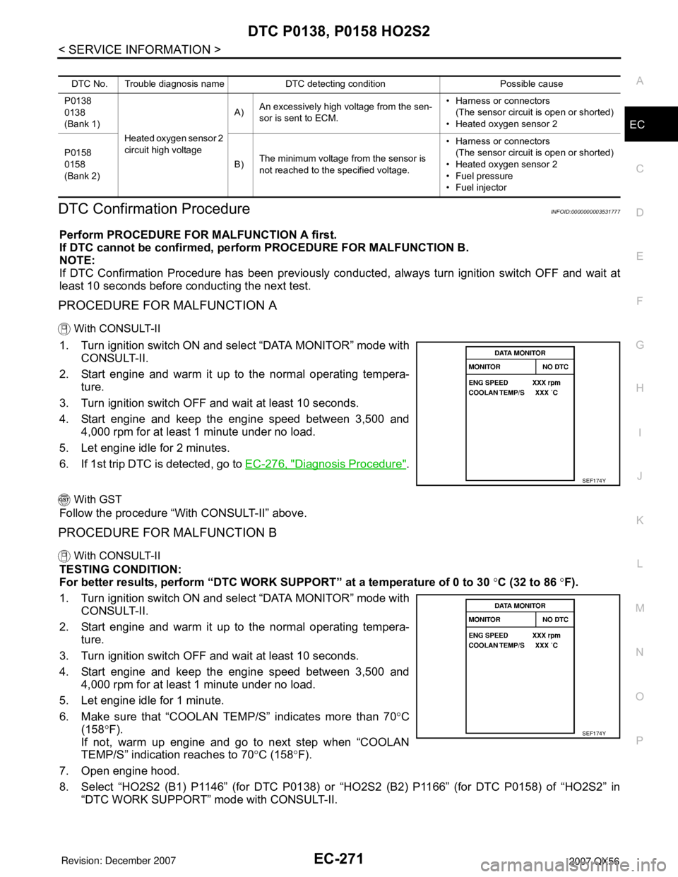 INFINITI QX56 2007 Factory Service Manual DTC P0138, P0158 HO2S2
EC-271
< SERVICE INFORMATION >
C
D
E
F
G
H
I
J
K
L
MA
EC
N
P O
DTC Confirmation ProcedureINFOID:0000000003531777
Perform PROCEDURE FOR MALFUNCTION A first.
If DTC cannot be conf INFINITI QX56 2007 Factory Service Manual DTC P0138, P0158 HO2S2
EC-271
< SERVICE INFORMATION >
C
D
E
F
G
H
I
J
K
L
MA
EC
N
P O
DTC Confirmation ProcedureINFOID:0000000003531777
Perform PROCEDURE FOR MALFUNCTION A first.
If DTC cannot be conf