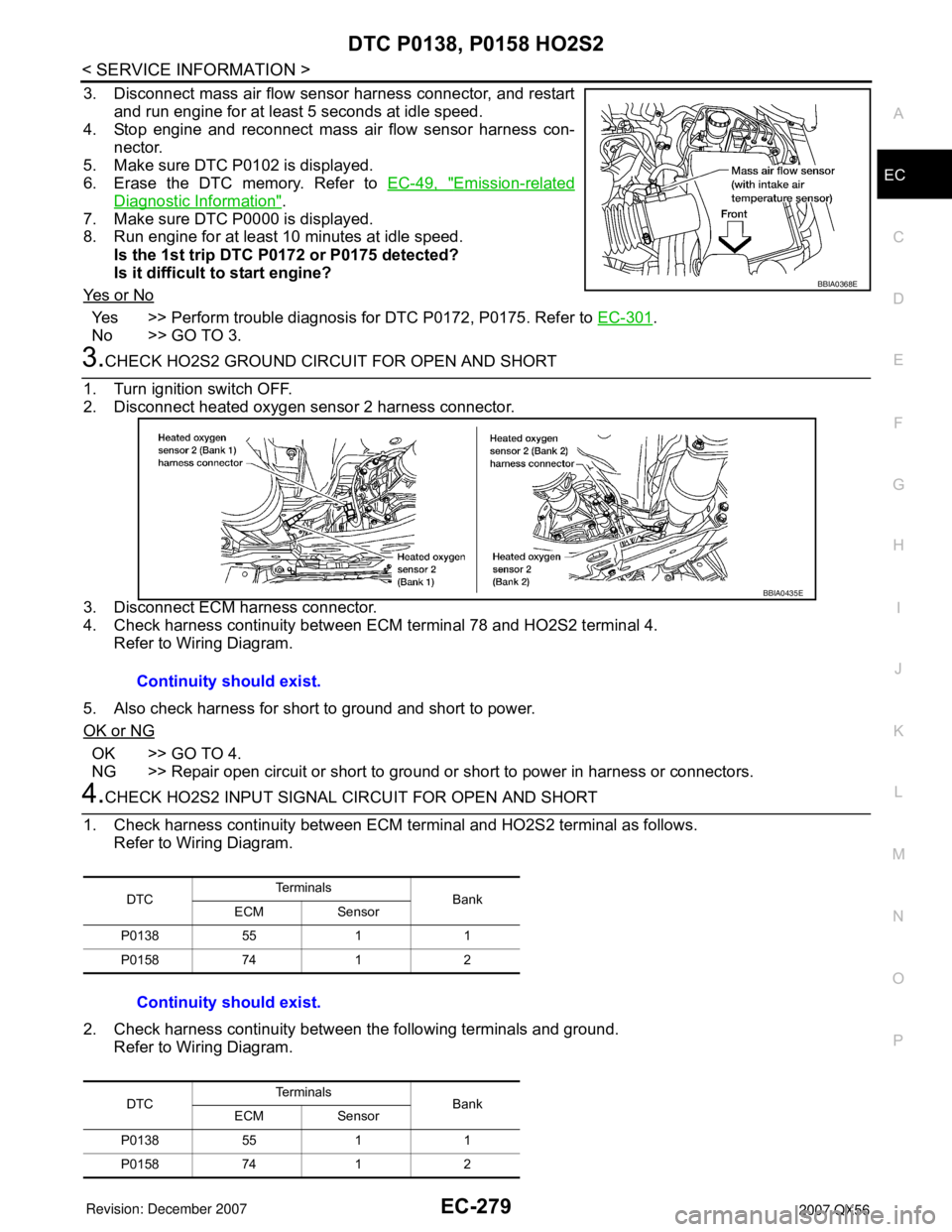 INFINITI QX56 2007 Factory Service Manual DTC P0138, P0158 HO2S2
EC-279
< SERVICE INFORMATION >
C
D
E
F
G
H
I
J
K
L
MA
EC
N
P O
3. Disconnect mass air flow sensor harness connector, and restart
and run engine for at least 5 seconds at idle sp INFINITI QX56 2007 Factory Service Manual DTC P0138, P0158 HO2S2
EC-279
< SERVICE INFORMATION >
C
D
E
F
G
H
I
J
K
L
MA
EC
N
P O
3. Disconnect mass air flow sensor harness connector, and restart
and run engine for at least 5 seconds at idle sp