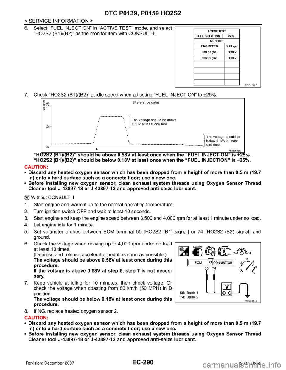 INFINITI QX56 2007  Factory Service Manual EC-290
< SERVICE INFORMATION >
DTC P0139, P0159 HO2S2
6. Select “FUEL INJECTION” in “ACTIVE TEST” mode, and select
“HO2S2 (B1)/(B2)” as the monitor item with CONSULT-II.
7. Check “HO2S2 