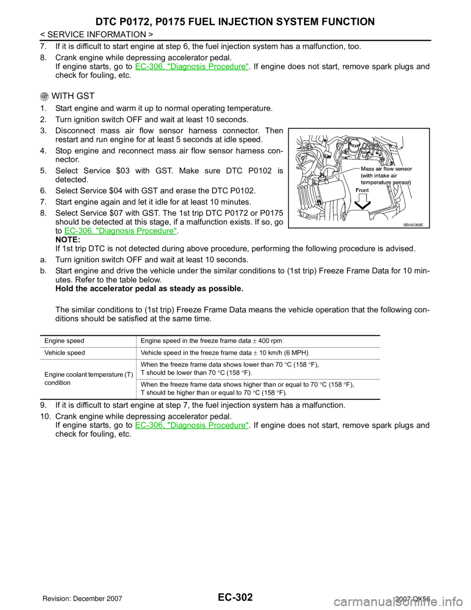 INFINITI QX56 2007 Factory Service Manual EC-302
< SERVICE INFORMATION >
DTC P0172, P0175 FUEL INJECTION SYSTEM FUNCTION
7. If it is difficult to start engine at step 6, the fuel injection system has a malfunction, too.
8. Crank engine while INFINITI QX56 2007 Factory Service Manual EC-302
< SERVICE INFORMATION >
DTC P0172, P0175 FUEL INJECTION SYSTEM FUNCTION
7. If it is difficult to start engine at step 6, the fuel injection system has a malfunction, too.
8. Crank engine while