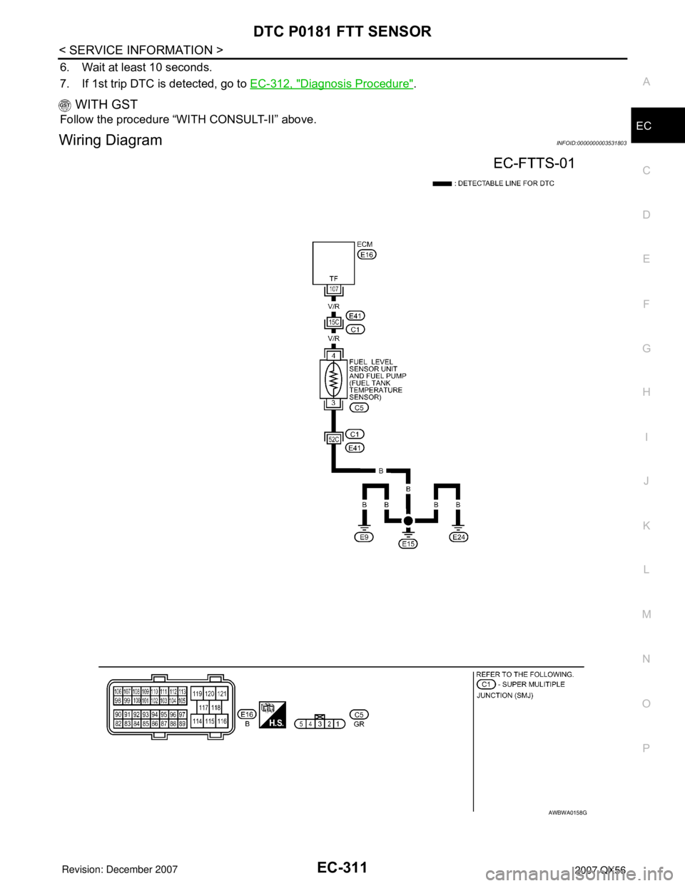 INFINITI QX56 2007  Factory Service Manual DTC P0181 FTT SENSOR
EC-311
< SERVICE INFORMATION >
C
D
E
F
G
H
I
J
K
L
MA
EC
N
P O
6. Wait at least 10 seconds.
7. If 1st trip DTC is detected, go to EC-312, "
Diagnosis Procedure".
 WITH GST
Follow 