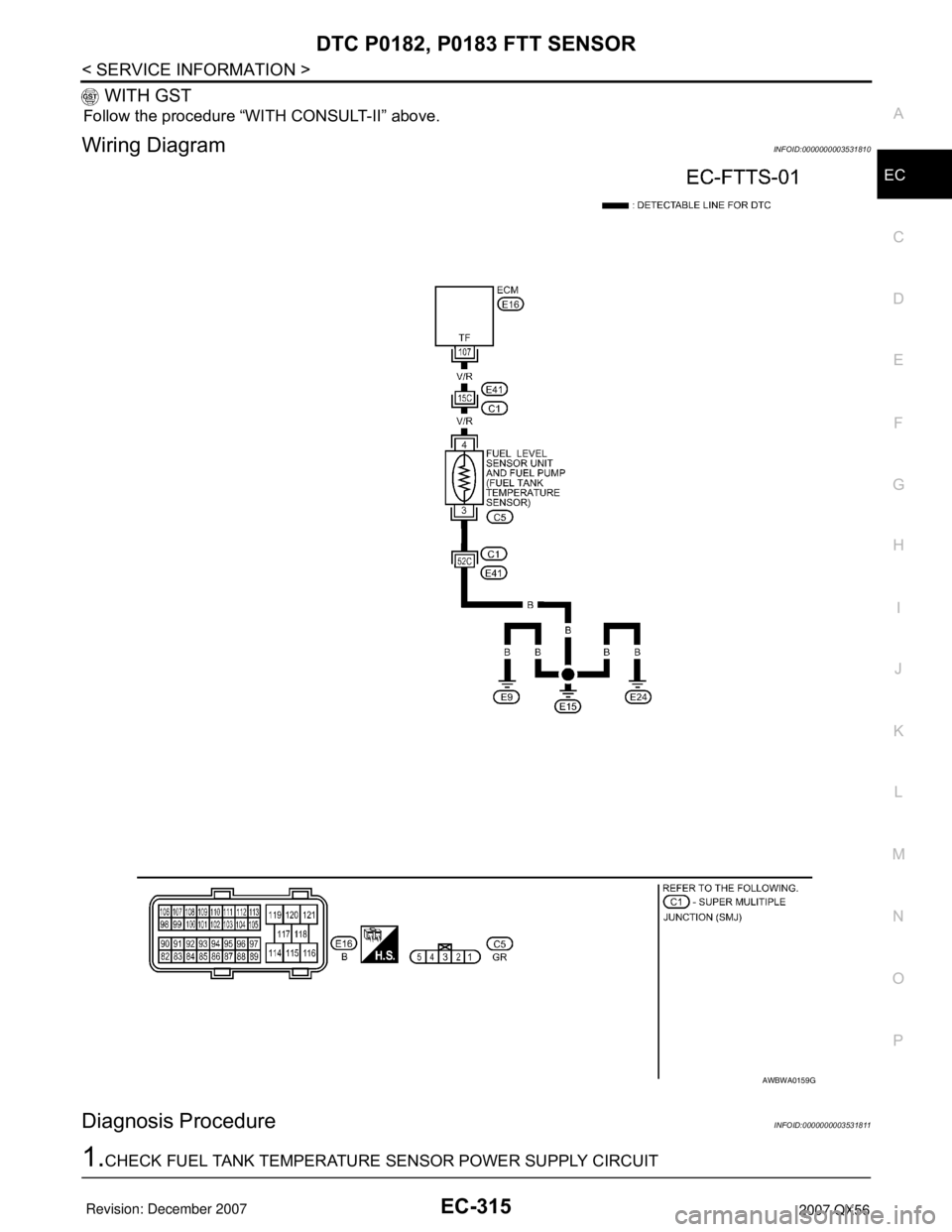 INFINITI QX56 2007  Factory Service Manual DTC P0182, P0183 FTT SENSOR
EC-315
< SERVICE INFORMATION >
C
D
E
F
G
H
I
J
K
L
MA
EC
N
P O
 WITH GST
Follow the procedure “WITH CONSULT-II” above.
Wiring DiagramINFOID:0000000003531810
Diagnosis P