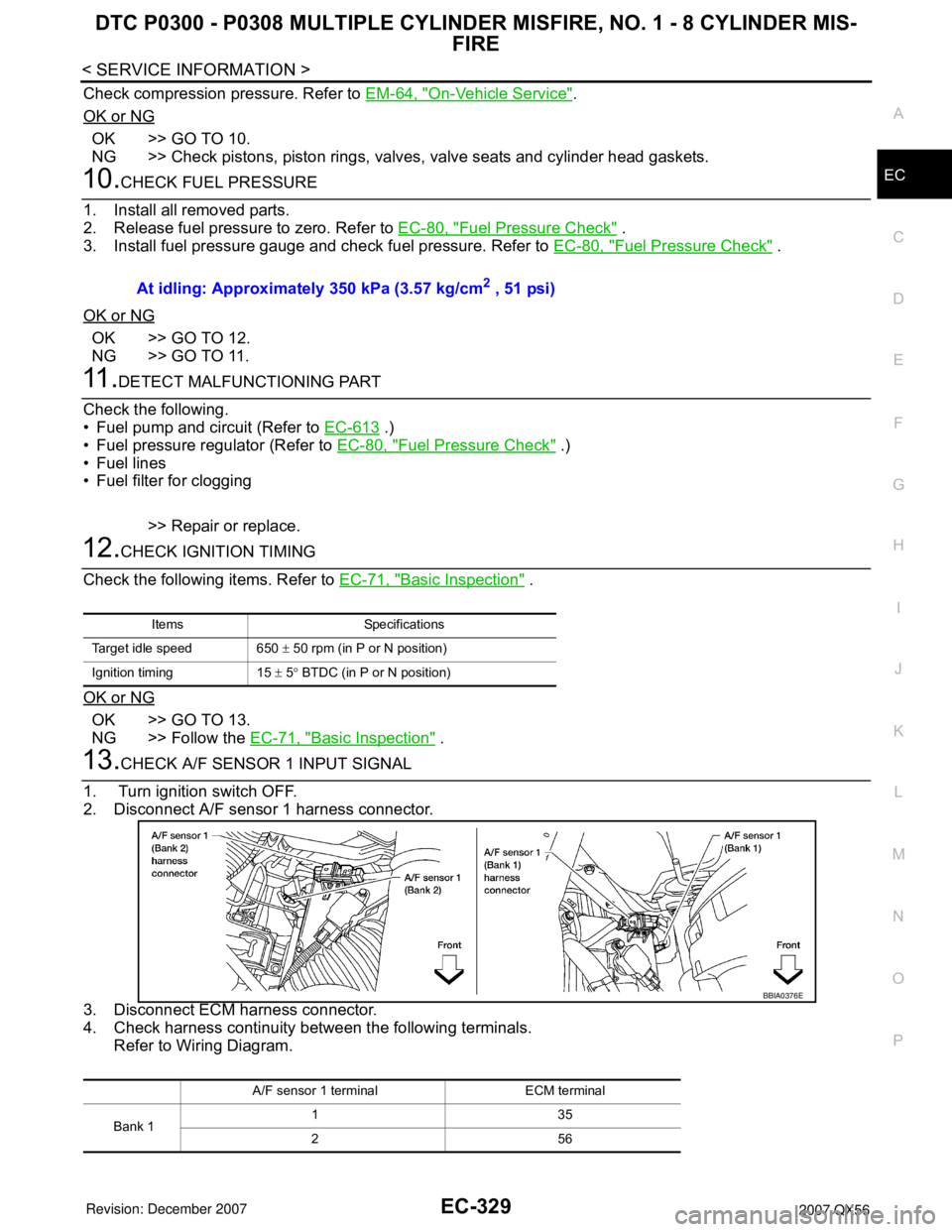 INFINITI QX56 2007 Factory Service Manual DTC P0300 - P0308 MULTIPLE CYLINDER MISFIRE, NO. 1 - 8 CYLINDER MIS-
FIRE
EC-329
< SERVICE INFORMATION >
C
D
E
F
G
H
I
J
K
L
MA
EC
N
P O
Check compression pressure. Refer to EM-64, "On-Vehicle Service INFINITI QX56 2007 Factory Service Manual DTC P0300 - P0308 MULTIPLE CYLINDER MISFIRE, NO. 1 - 8 CYLINDER MIS-
FIRE
EC-329
< SERVICE INFORMATION >
C
D
E
F
G
H
I
J
K
L
MA
EC
N
P O
Check compression pressure. Refer to EM-64, "On-Vehicle Service