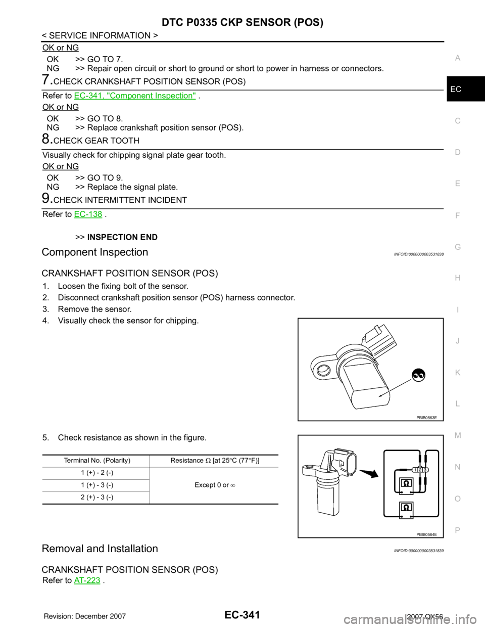 INFINITI QX56 2007 Factory Service Manual DTC P0335 CKP SENSOR (POS)
EC-341
< SERVICE INFORMATION >
C
D
E
F
G
H
I
J
K
L
MA
EC
N
P O
OK or NG
OK >> GO TO 7.
NG >> Repair open circuit or short to ground or short to power in harness or connector INFINITI QX56 2007 Factory Service Manual DTC P0335 CKP SENSOR (POS)
EC-341
< SERVICE INFORMATION >
C
D
E
F
G
H
I
J
K
L
MA
EC
N
P O
OK or NG
OK >> GO TO 7.
NG >> Repair open circuit or short to ground or short to power in harness or connector