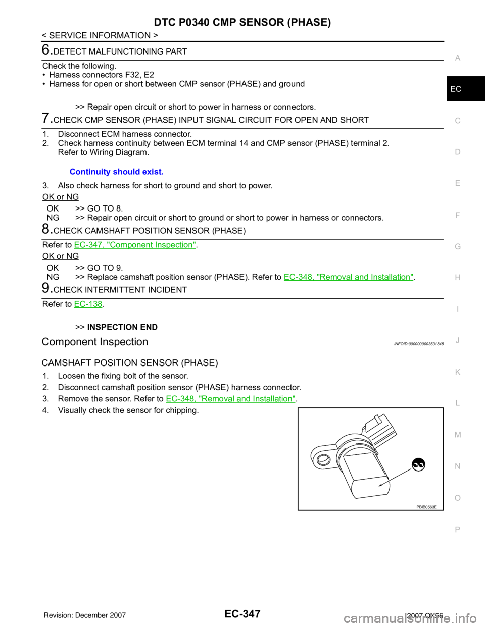 INFINITI QX56 2007  Factory Service Manual DTC P0340 CMP SENSOR (PHASE)
EC-347
< SERVICE INFORMATION >
C
D
E
F
G
H
I
J
K
L
MA
EC
N
P O
6.DETECT MALFUNCTIONING PART
Check the following.
• Harness connectors F32, E2
• Harness for open or sho
