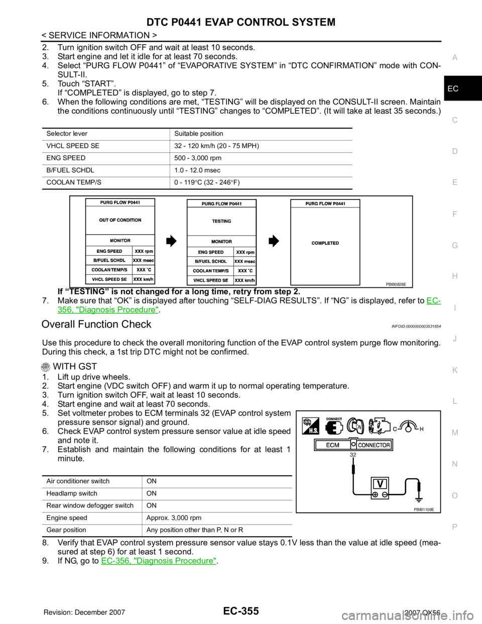 INFINITI QX56 2007 Factory Service Manual DTC P0441 EVAP CONTROL SYSTEM
EC-355
< SERVICE INFORMATION >
C
D
E
F
G
H
I
J
K
L
MA
EC
N
P O
2. Turn ignition switch OFF and wait at least 10 seconds.
3. Start engine and let it idle for at least 70 s INFINITI QX56 2007 Factory Service Manual DTC P0441 EVAP CONTROL SYSTEM
EC-355
< SERVICE INFORMATION >
C
D
E
F
G
H
I
J
K
L
MA
EC
N
P O
2. Turn ignition switch OFF and wait at least 10 seconds.
3. Start engine and let it idle for at least 70 s