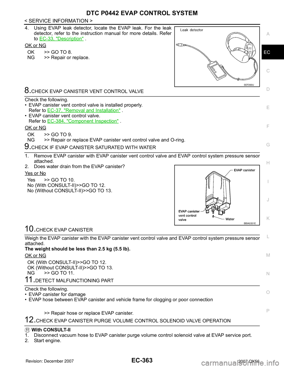 INFINITI QX56 2007  Factory Service Manual DTC P0442 EVAP CONTROL SYSTEM
EC-363
< SERVICE INFORMATION >
C
D
E
F
G
H
I
J
K
L
MA
EC
N
P O
4. Using EVAP leak detector, locate the EVAP leak. For the leak
detector, refer to the instruction manual f