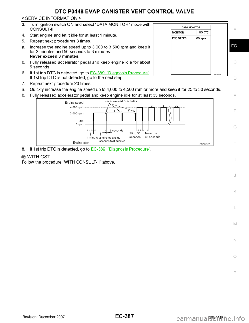 INFINITI QX56 2007  Factory Service Manual DTC P0448 EVAP CANISTER VENT CONTROL VALVE
EC-387
< SERVICE INFORMATION >
C
D
E
F
G
H
I
J
K
L
MA
EC
N
P O
3. Turn ignition switch ON and select “DATA MONITOR” mode with
CONSULT-II.
4. Start engine