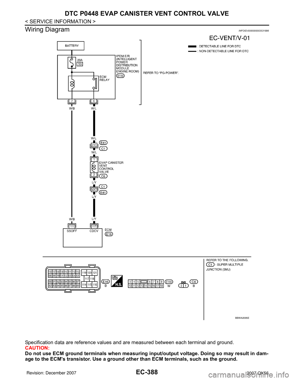 INFINITI QX56 2007  Factory Service Manual EC-388
< SERVICE INFORMATION >
DTC P0448 EVAP CANISTER VENT CONTROL VALVE
Wiring Diagram
INFOID:0000000003531886
Specification data are reference values and are measured between each terminal and grou