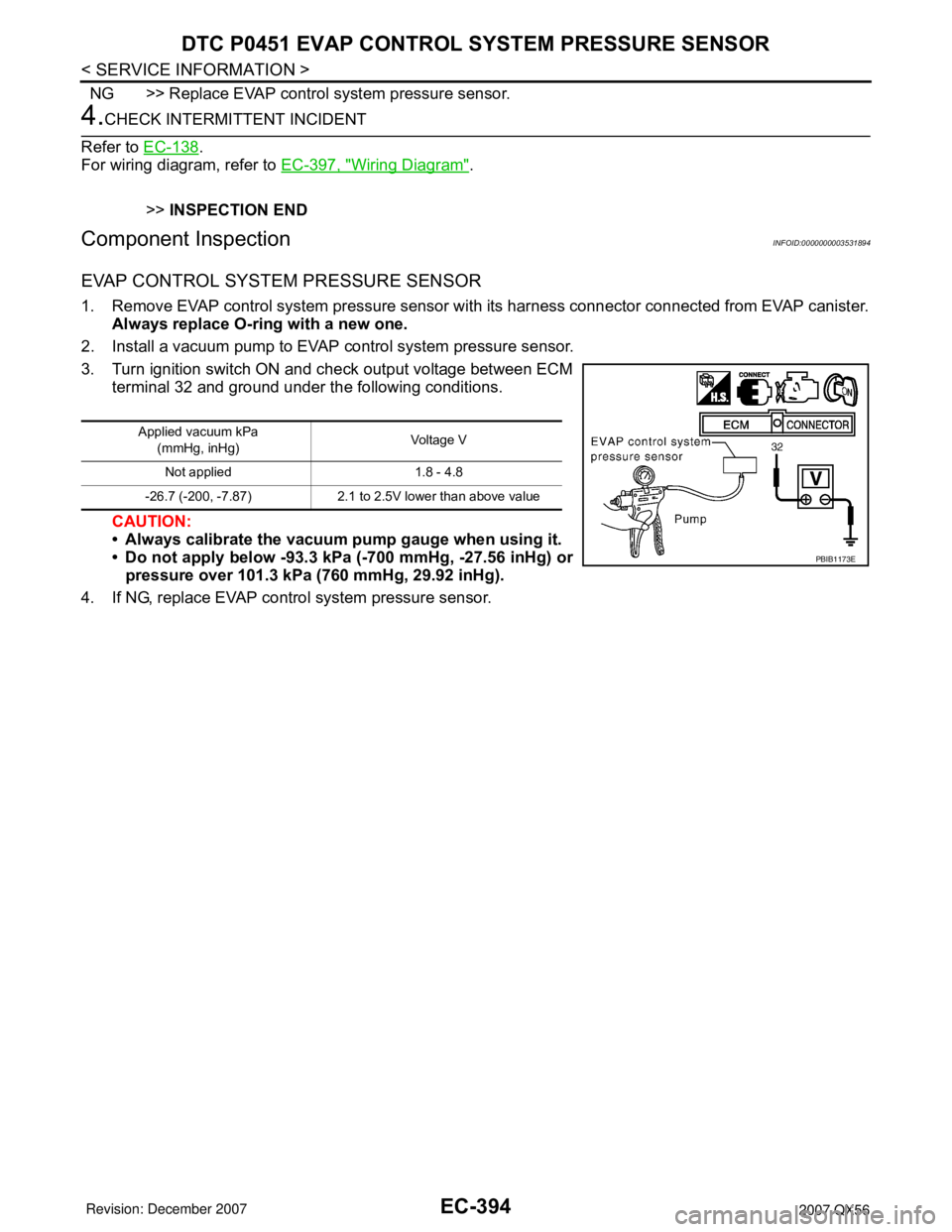 INFINITI QX56 2007 Factory Service Manual EC-394
< SERVICE INFORMATION >
DTC P0451 EVAP CONTROL SYSTEM PRESSURE SENSOR
NG >> Replace EVAP control system pressure sensor.
4.CHECK INTERMITTENT INCIDENT
Refer to EC-138
.
For wiring diagram, refe INFINITI QX56 2007 Factory Service Manual EC-394
< SERVICE INFORMATION >
DTC P0451 EVAP CONTROL SYSTEM PRESSURE SENSOR
NG >> Replace EVAP control system pressure sensor.
4.CHECK INTERMITTENT INCIDENT
Refer to EC-138
.
For wiring diagram, refe