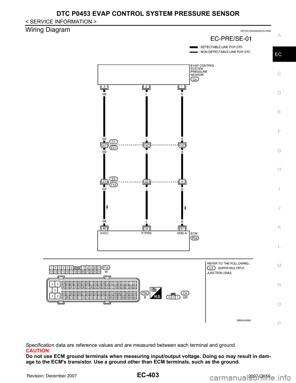 INFINITI QX56 2007  Factory Service Manual DTC P0453 EVAP CONTROL SYSTEM PRESSURE SENSOR
EC-403
< SERVICE INFORMATION >
C
D
E
F
G
H
I
J
K
L
MA
EC
N
P O
Wiring DiagramINFOID:0000000003531906
Specification data are reference values and are measu