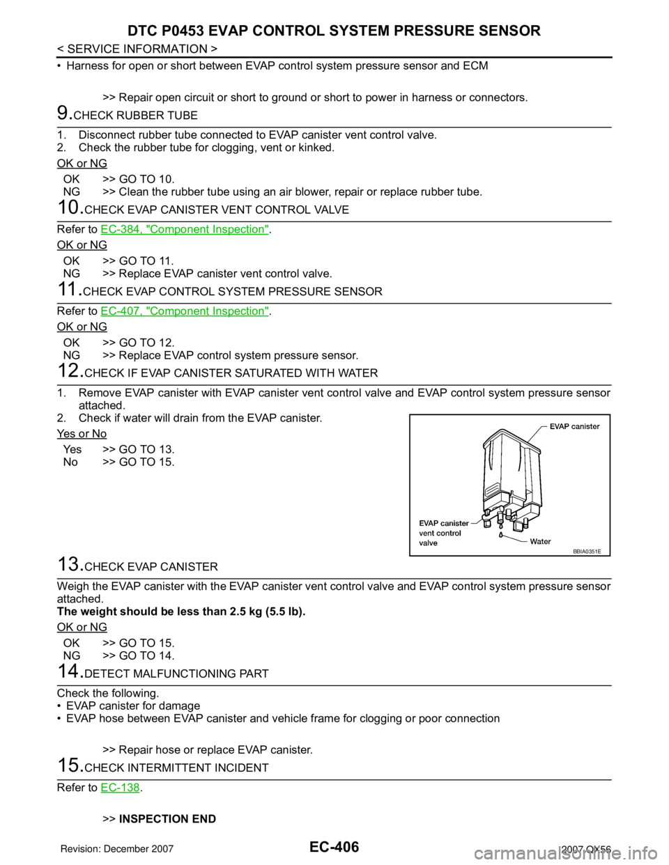 INFINITI QX56 2007 Factory Service Manual EC-406
< SERVICE INFORMATION >
DTC P0453 EVAP CONTROL SYSTEM PRESSURE SENSOR
• Harness for open or short between EVAP control system pressure sensor and ECM
>> Repair open circuit or short to ground INFINITI QX56 2007 Factory Service Manual EC-406
< SERVICE INFORMATION >
DTC P0453 EVAP CONTROL SYSTEM PRESSURE SENSOR
• Harness for open or short between EVAP control system pressure sensor and ECM
>> Repair open circuit or short to ground