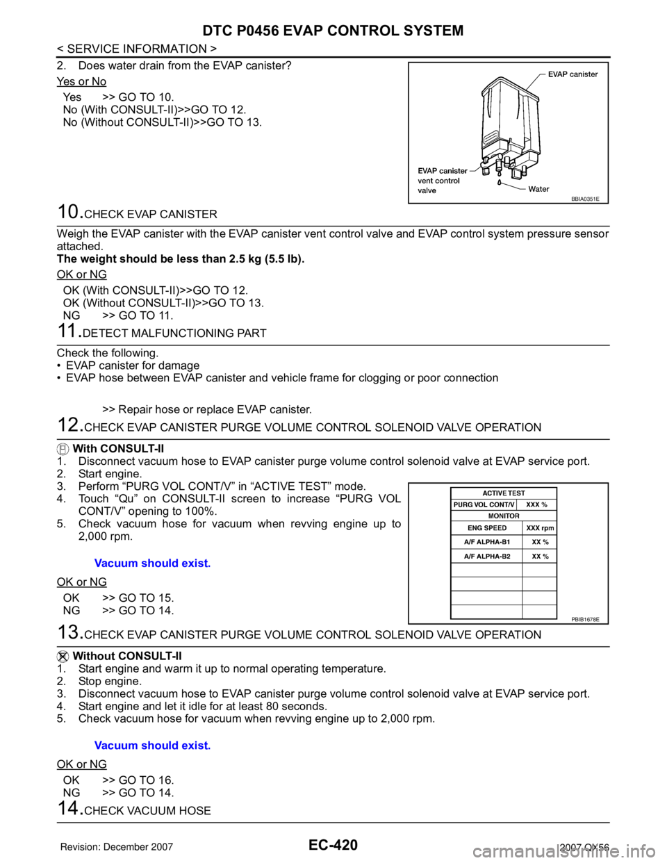 INFINITI QX56 2007  Factory Service Manual EC-420
< SERVICE INFORMATION >
DTC P0456 EVAP CONTROL SYSTEM
2. Does water drain from the EVAP canister?
Ye s  o r  N o
Yes >> GO TO 10.
No (With CONSULT-II)>>GO TO 12.
No (Without CONSULT-II)>>GO TO 