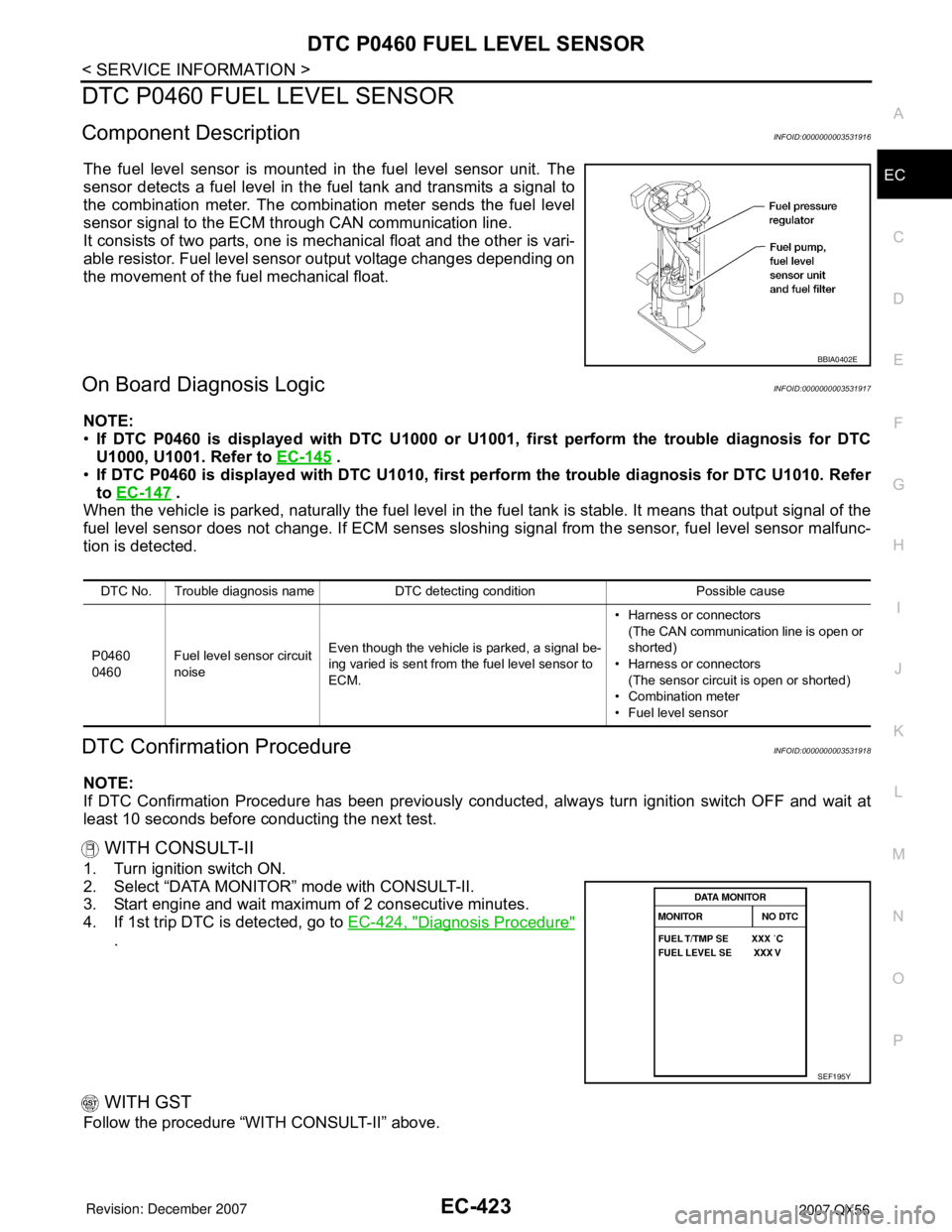 INFINITI QX56 2007 Factory Service Manual DTC P0460 FUEL LEVEL SENSOR
EC-423
< SERVICE INFORMATION >
C
D
E
F
G
H
I
J
K
L
MA
EC
N
P O
DTC P0460 FUEL LEVEL SENSOR
Component DescriptionINFOID:0000000003531916
The fuel level sensor is mounted in INFINITI QX56 2007 Factory Service Manual DTC P0460 FUEL LEVEL SENSOR
EC-423
< SERVICE INFORMATION >
C
D
E
F
G
H
I
J
K
L
MA
EC
N
P O
DTC P0460 FUEL LEVEL SENSOR
Component DescriptionINFOID:0000000003531916
The fuel level sensor is mounted in