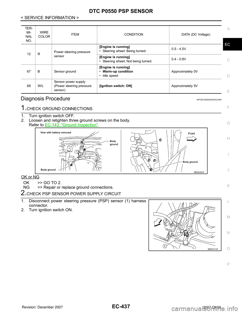 INFINITI QX56 2007  Factory Service Manual DTC P0550 PSP SENSOR
EC-437
< SERVICE INFORMATION >
C
D
E
F
G
H
I
J
K
L
MA
EC
N
P O
Diagnosis ProcedureINFOID:0000000003531949
1.CHECK GROUND CONNECTIONS
1. Turn ignition switch OFF.
2. Loosen and ret
