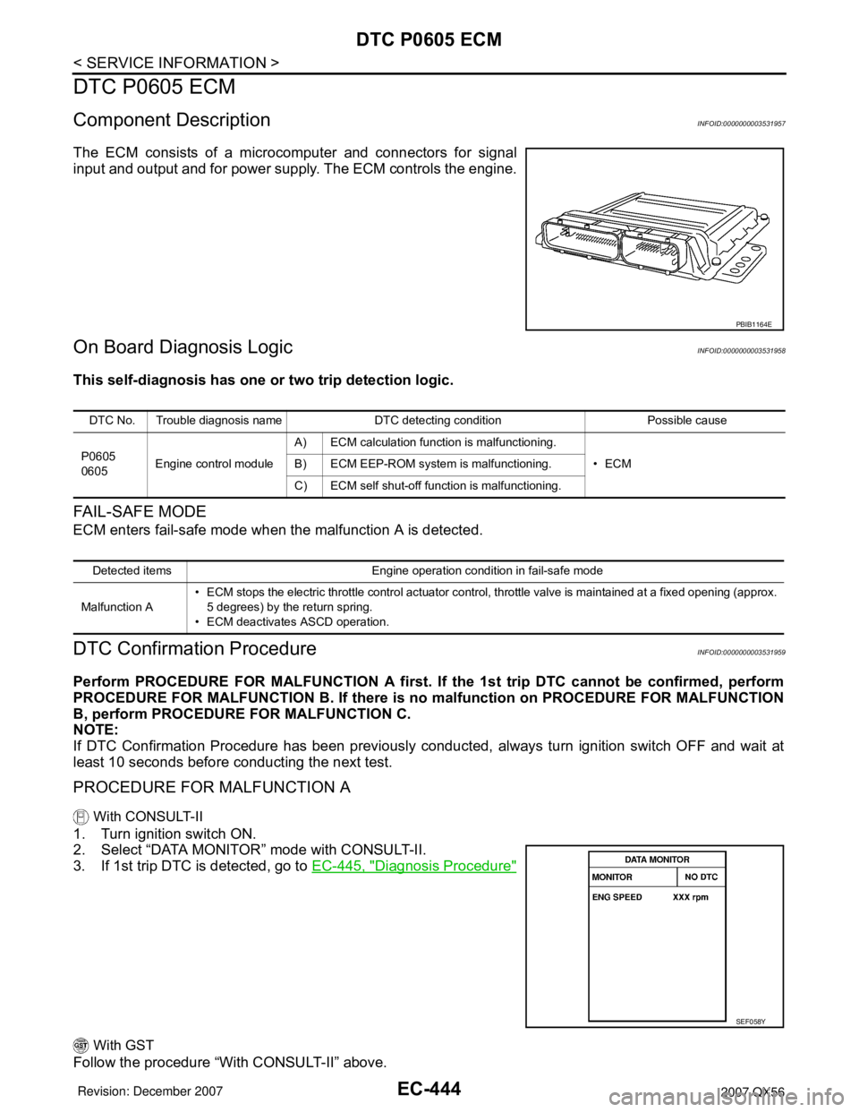 INFINITI QX56 2007  Factory Service Manual EC-444
< SERVICE INFORMATION >
DTC P0605 ECM
DTC P0605 ECM
Component DescriptionINFOID:0000000003531957
The ECM consists of a microcomputer and connectors for signal
input and output and for power sup