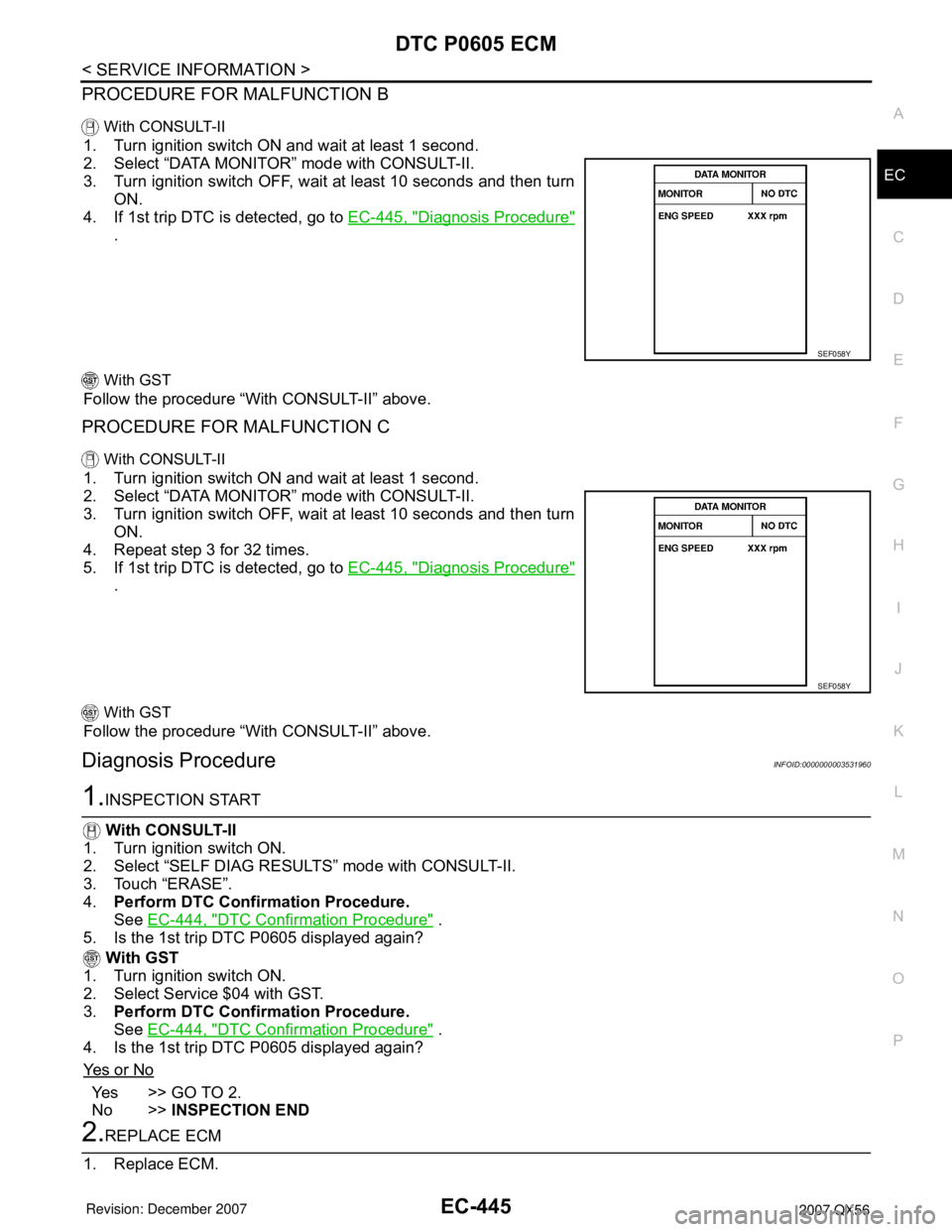 INFINITI QX56 2007  Factory Service Manual DTC P0605 ECM
EC-445
< SERVICE INFORMATION >
C
D
E
F
G
H
I
J
K
L
MA
EC
N
P O
PROCEDURE FOR MALFUNCTION B
 With CONSULT-II
1. Turn ignition switch ON and wait at least 1 second.
2. Select “DATA MONIT