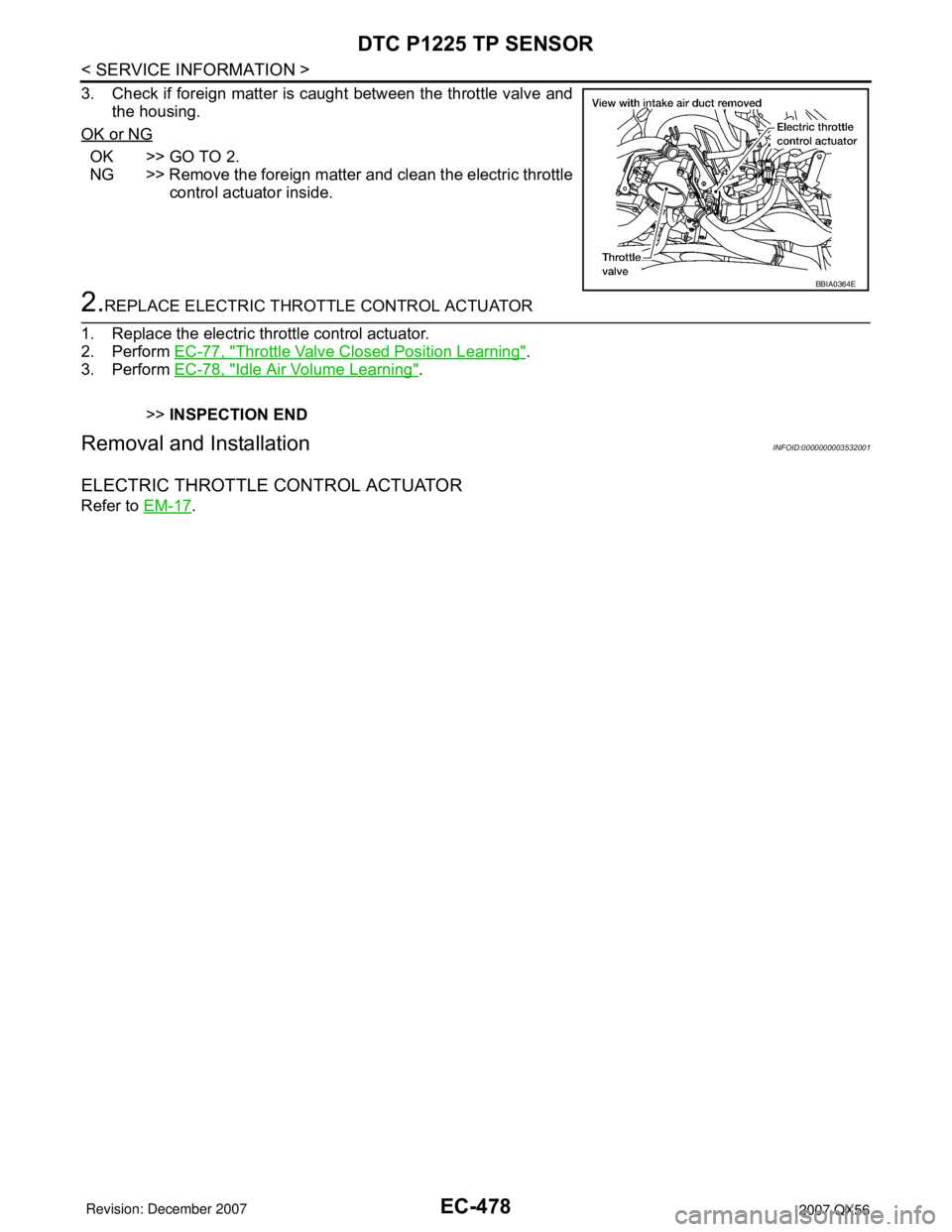 INFINITI QX56 2007  Factory Service Manual EC-478
< SERVICE INFORMATION >
DTC P1225 TP SENSOR
3. Check if foreign matter is caught between the throttle valve and
the housing.
OK or NG
OK >> GO TO 2.
NG >> Remove the foreign matter and clean th