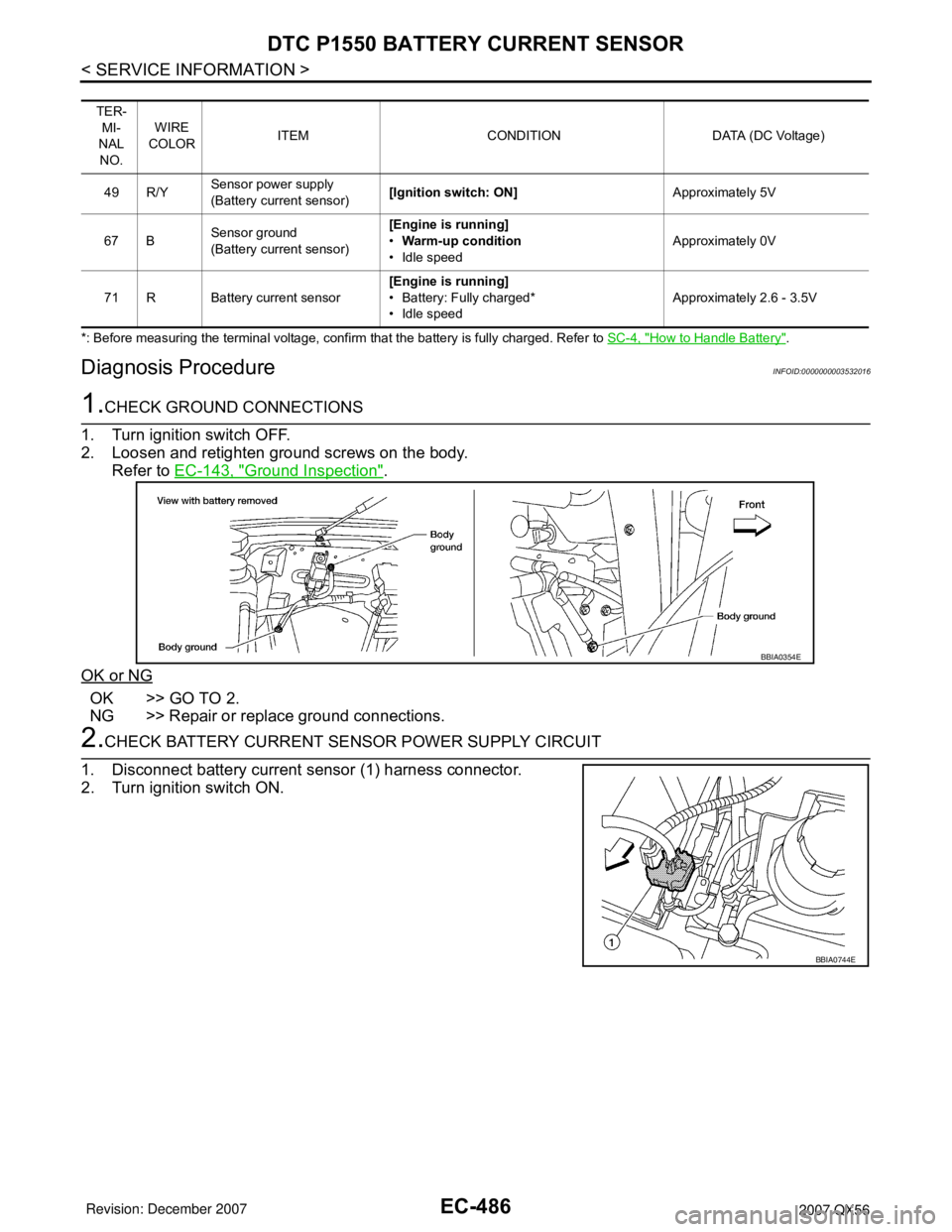 INFINITI QX56 2007  Factory Service Manual EC-486
< SERVICE INFORMATION >
DTC P1550 BATTERY CURRENT SENSOR
*: Before measuring the terminal voltage, confirm that the battery is fully charged. Refer to SC-4, "How to Handle Battery".
Diagnosis P