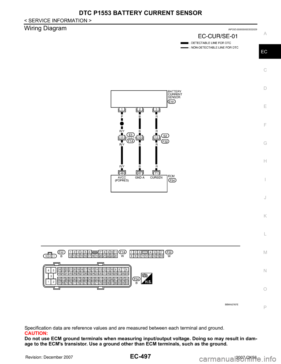 INFINITI QX56 2007  Factory Service Manual DTC P1553 BATTERY CURRENT SENSOR
EC-497
< SERVICE INFORMATION >
C
D
E
F
G
H
I
J
K
L
MA
EC
N
P O
Wiring DiagramINFOID:0000000003532029
Specification data are reference values and are measured between e