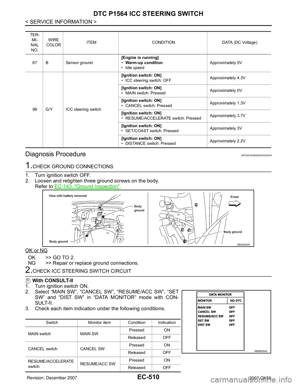 INFINITI QX56 2007 Factory Service Manual EC-510
< SERVICE INFORMATION >
DTC P1564 ICC STEERING SWITCH
Diagnosis Procedure
INFOID:0000000003532044
1.CHECK GROUND CONNECTIONS
1. Turn ignition switch OFF.
2. Loosen and retighten three ground sc INFINITI QX56 2007 Factory Service Manual EC-510
< SERVICE INFORMATION >
DTC P1564 ICC STEERING SWITCH
Diagnosis Procedure
INFOID:0000000003532044
1.CHECK GROUND CONNECTIONS
1. Turn ignition switch OFF.
2. Loosen and retighten three ground sc