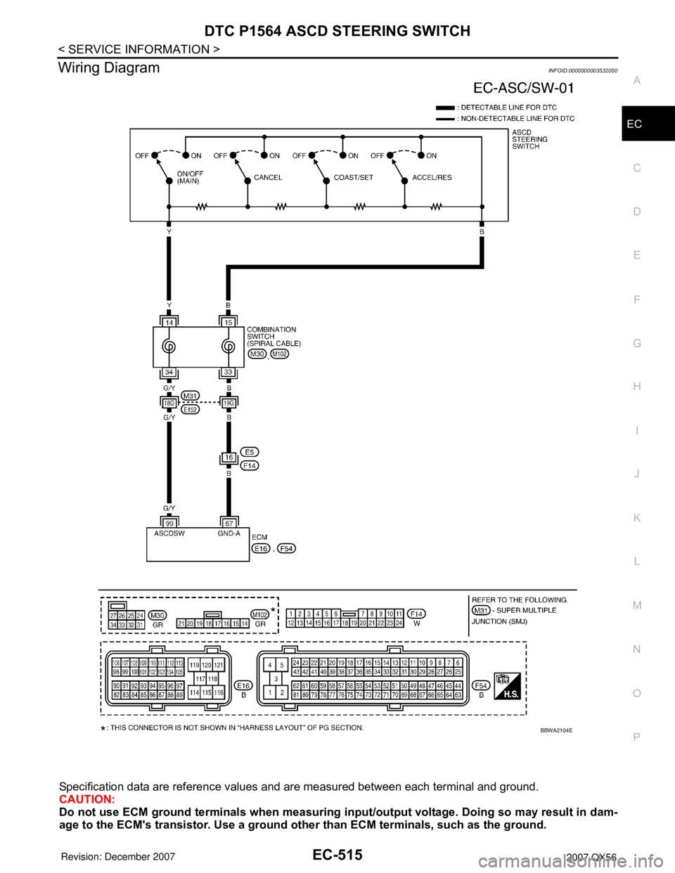 INFINITI QX56 2007  Factory Service Manual DTC P1564 ASCD STEERING SWITCH
EC-515
< SERVICE INFORMATION >
C
D
E
F
G
H
I
J
K
L
MA
EC
N
P O
Wiring DiagramINFOID:0000000003532050
Specification data are reference values and are measured between eac
