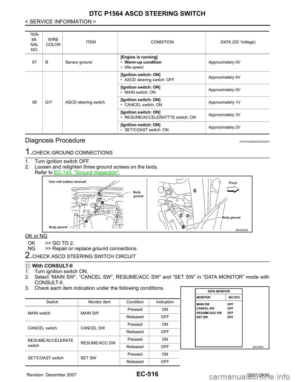 INFINITI QX56 2007 Factory Service Manual EC-516
< SERVICE INFORMATION >
DTC P1564 ASCD STEERING SWITCH
Diagnosis Procedure
INFOID:0000000003532051
1.CHECK GROUND CONNECTIONS
1. Turn ignition switch OFF.
2. Loosen and retighten three ground s INFINITI QX56 2007 Factory Service Manual EC-516
< SERVICE INFORMATION >
DTC P1564 ASCD STEERING SWITCH
Diagnosis Procedure
INFOID:0000000003532051
1.CHECK GROUND CONNECTIONS
1. Turn ignition switch OFF.
2. Loosen and retighten three ground s