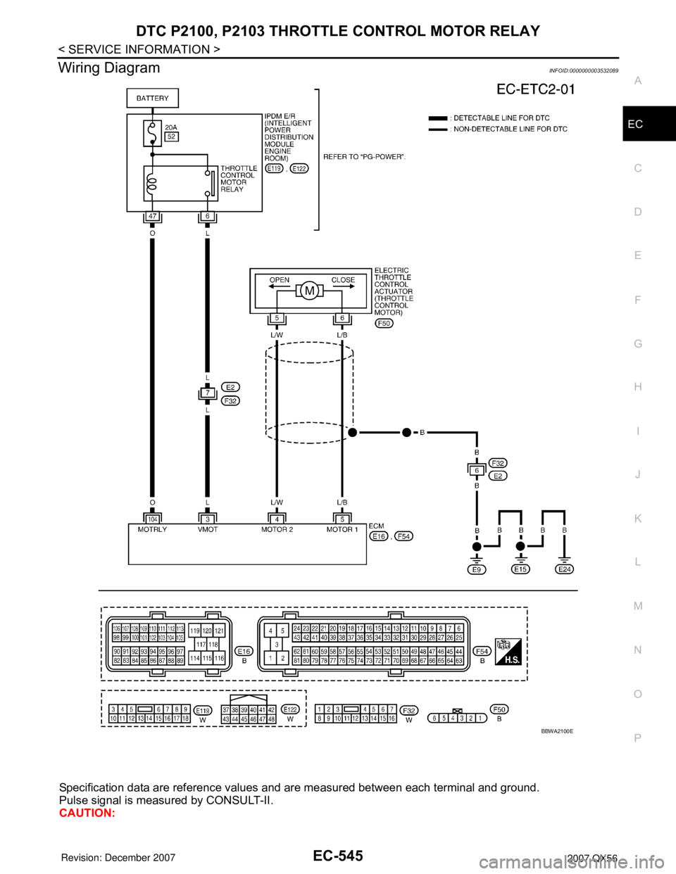 INFINITI QX56 2007  Factory Service Manual DTC P2100, P2103 THROTTLE CONTROL MOTOR RELAY
EC-545
< SERVICE INFORMATION >
C
D
E
F
G
H
I
J
K
L
MA
EC
N
P O
Wiring DiagramINFOID:0000000003532089
Specification data are reference values and are measu