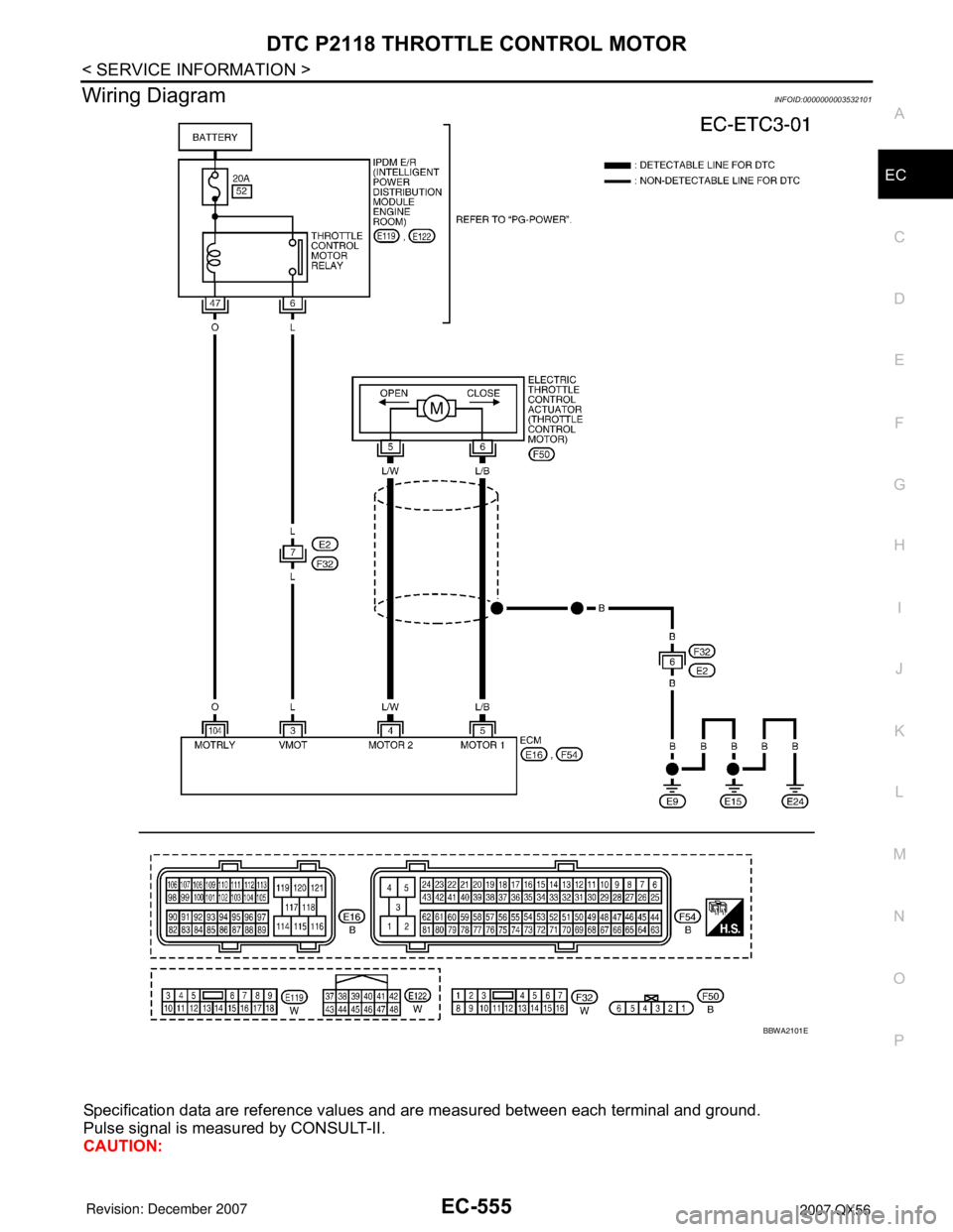 INFINITI QX56 2007  Factory Service Manual DTC P2118 THROTTLE CONTROL MOTOR
EC-555
< SERVICE INFORMATION >
C
D
E
F
G
H
I
J
K
L
MA
EC
N
P O
Wiring DiagramINFOID:0000000003532101
Specification data are reference values and are measured between e