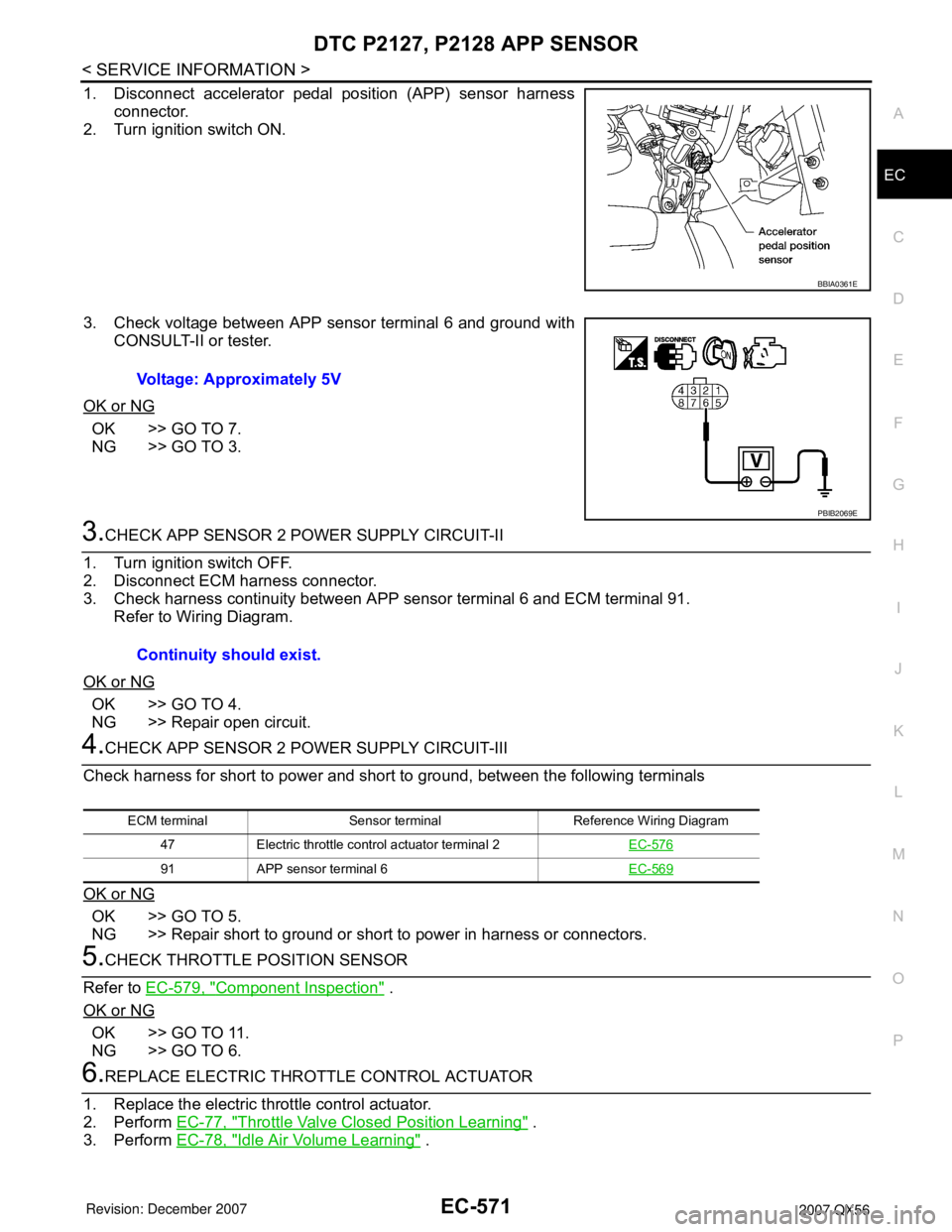 INFINITI QX56 2007  Factory Service Manual DTC P2127, P2128 APP SENSOR
EC-571
< SERVICE INFORMATION >
C
D
E
F
G
H
I
J
K
L
MA
EC
N
P O
1. Disconnect accelerator pedal position (APP) sensor harness
connector.
2. Turn ignition switch ON.
3. Check