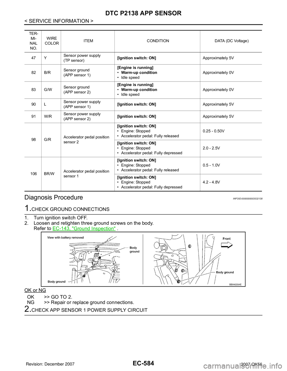INFINITI QX56 2007  Factory Service Manual EC-584
< SERVICE INFORMATION >
DTC P2138 APP SENSOR
Diagnosis Procedure
INFOID:0000000003532138
1.CHECK GROUND CONNECTIONS
1. Turn ignition switch OFF.
2. Loosen and retighten three ground screws on t