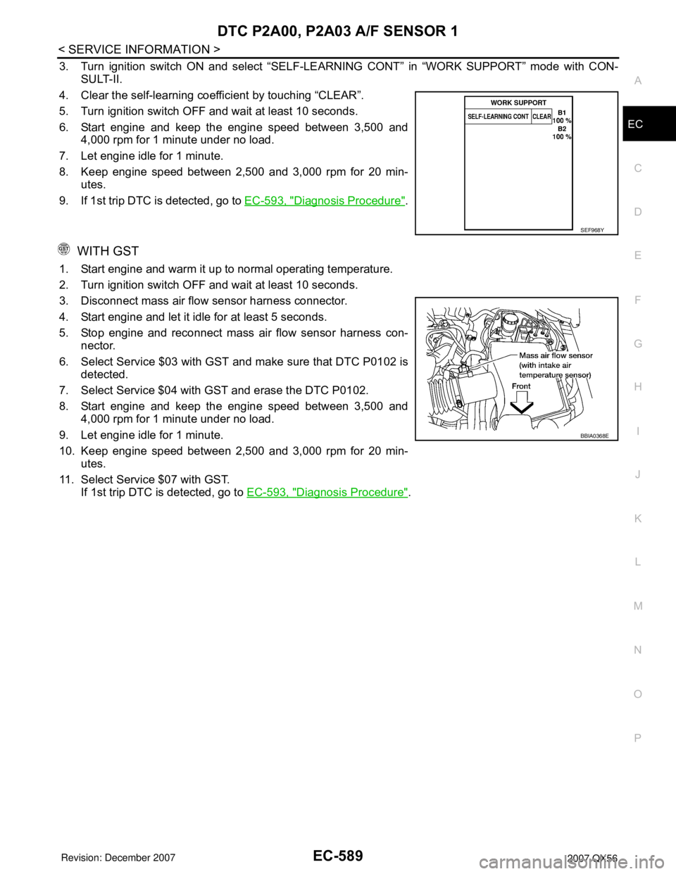 INFINITI QX56 2007  Factory Service Manual DTC P2A00, P2A03 A/F SENSOR 1
EC-589
< SERVICE INFORMATION >
C
D
E
F
G
H
I
J
K
L
MA
EC
N
P O
3. Turn ignition switch ON and select “SELF-LEARNING CONT” in “WORK SUPPORT” mode with CON-
SULT-II
